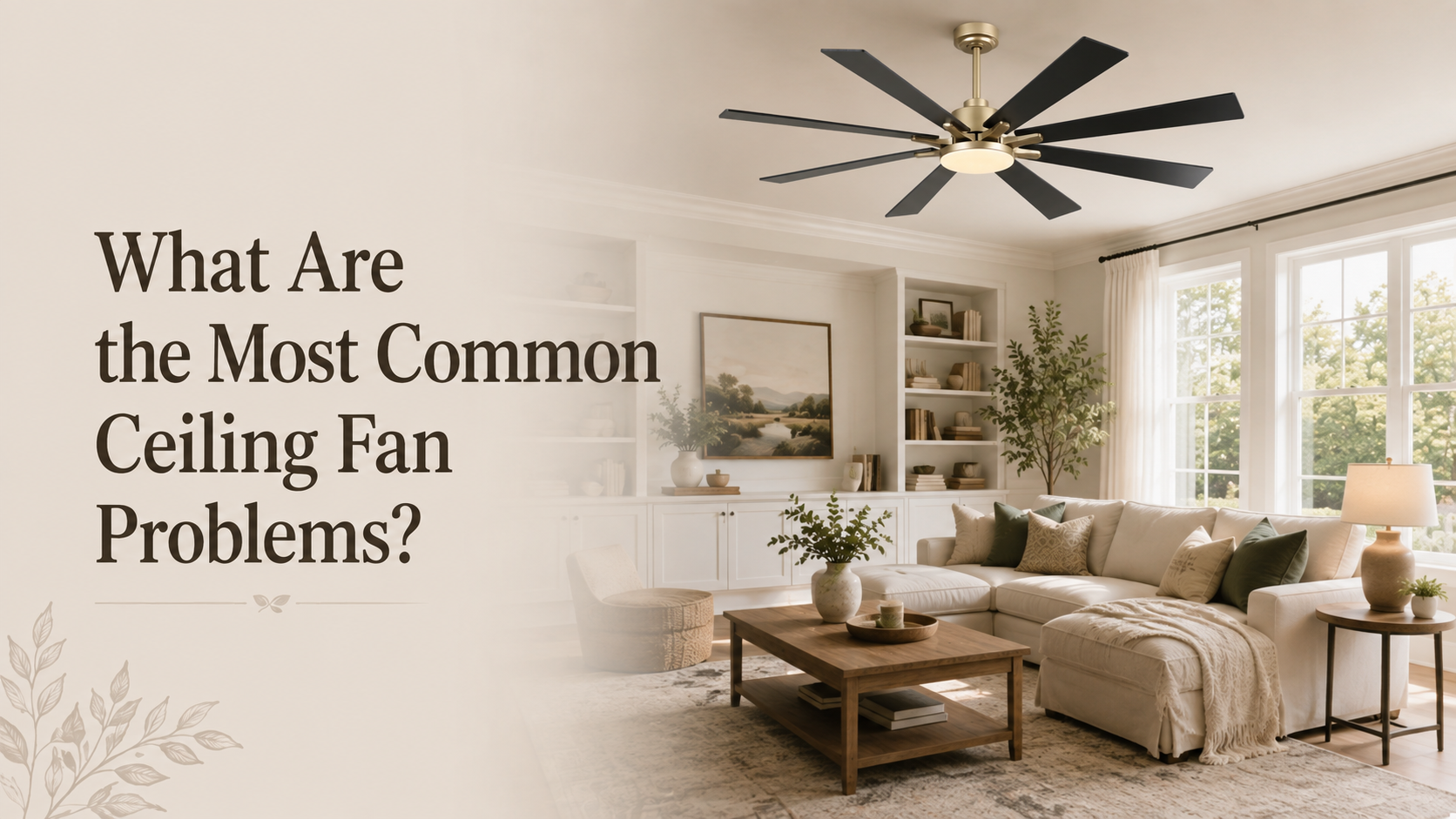Modern black ceiling fan with gold accents and multiple blades installed in a living room.