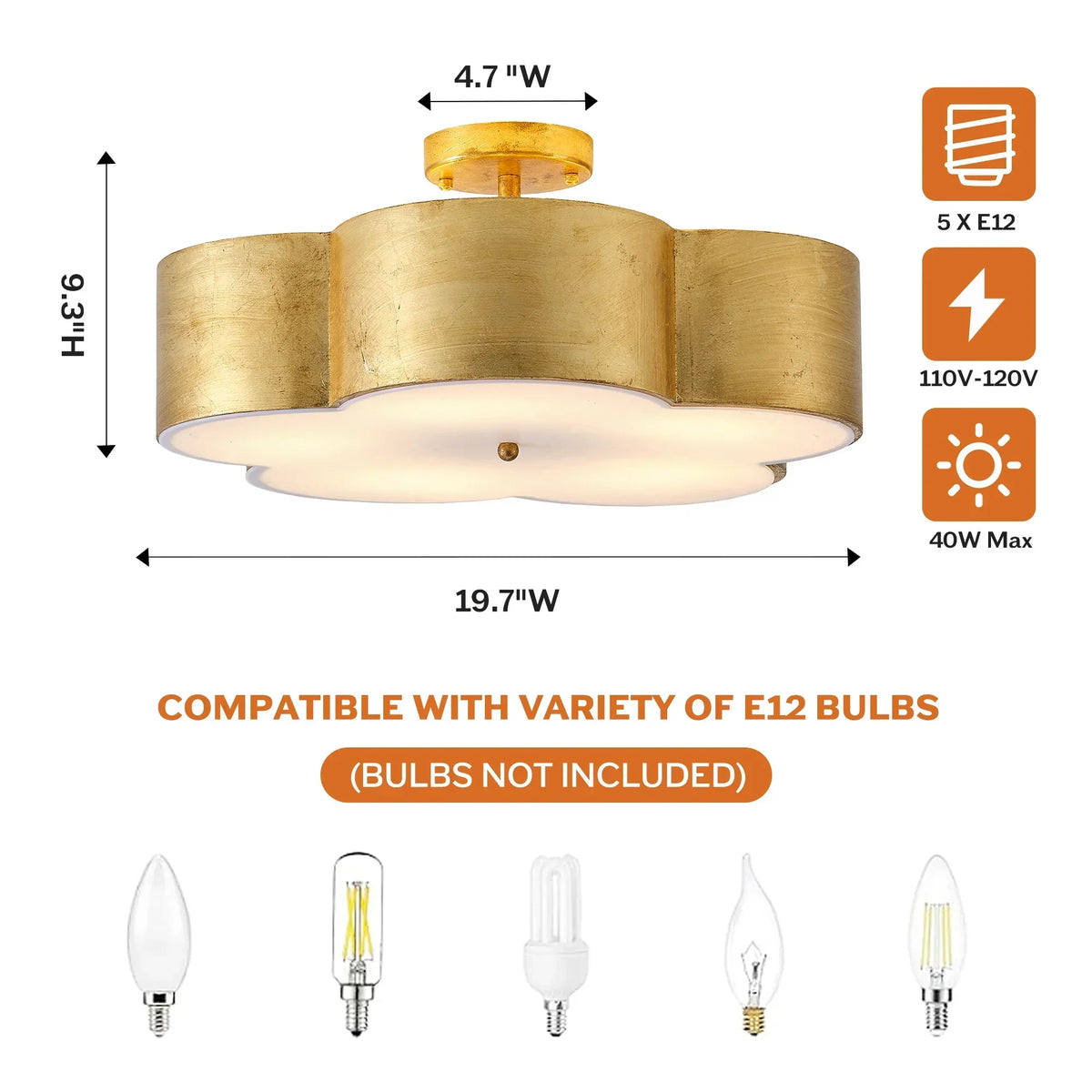 20 Inch Joyce 5-Light Vintage Golden Semi-Flush Mount Ceiling Light