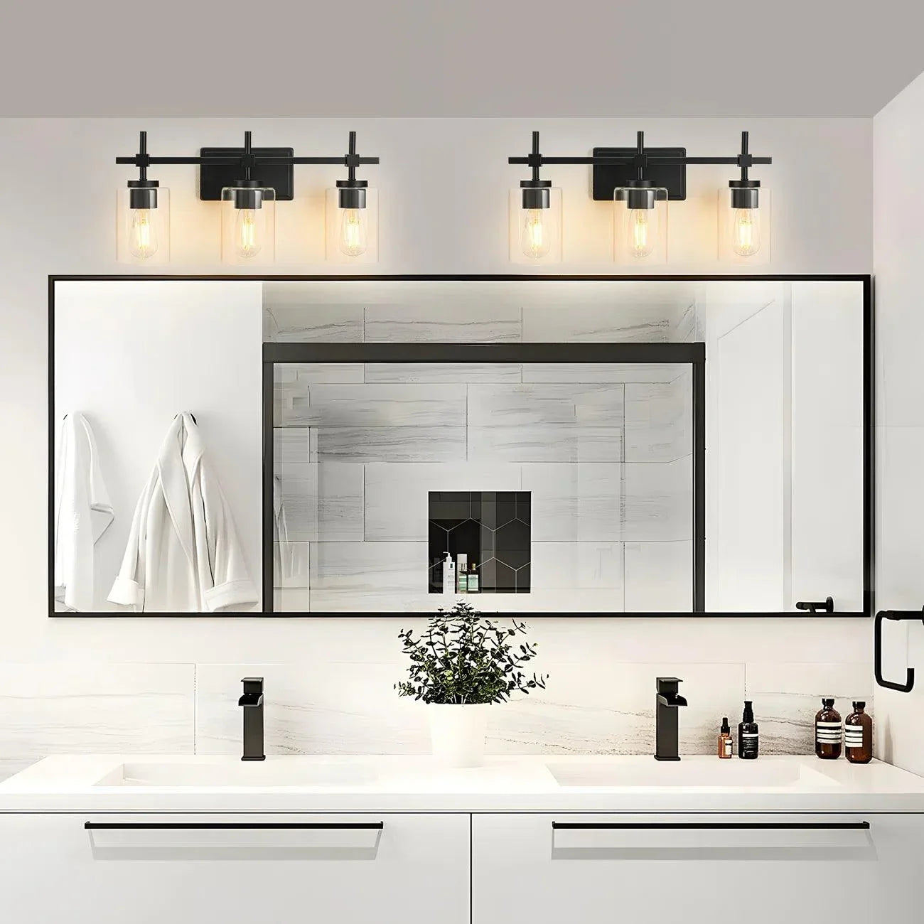 Jasper 3-Light Modern Clear Glass Bathroom Vanity Light, Black & Nickel