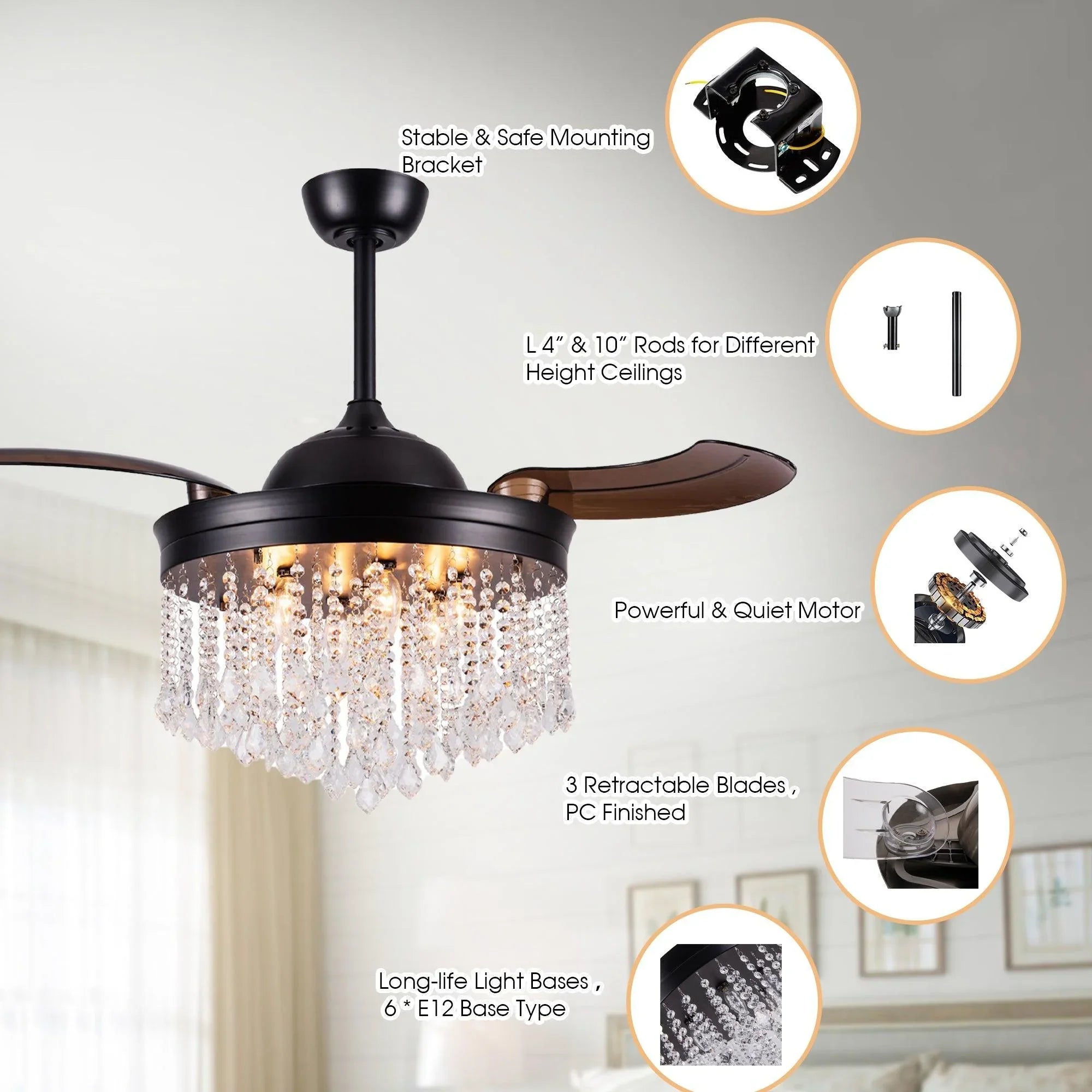 42" Mateo Modern Downrod Mount Crystal Ceiling Fan with Lighting and Remote Control - ParrotUncle