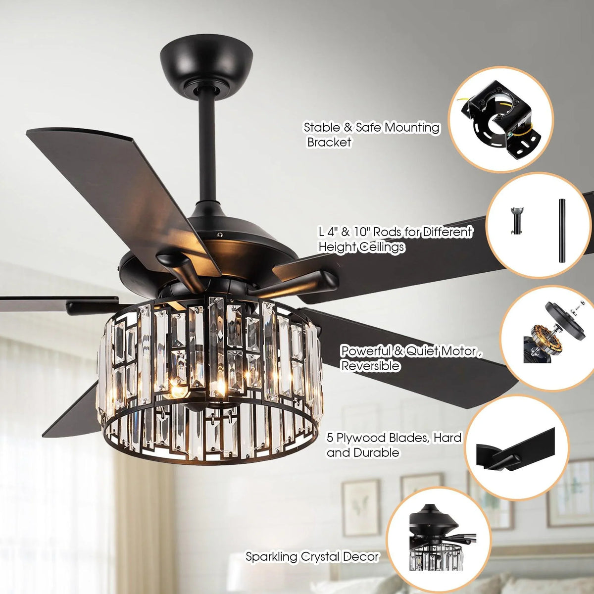 52" Dicken Modern Downrod Mount Reversible Crystal Ceiling Fan with Lighting and Remote Control - ParrotUncle