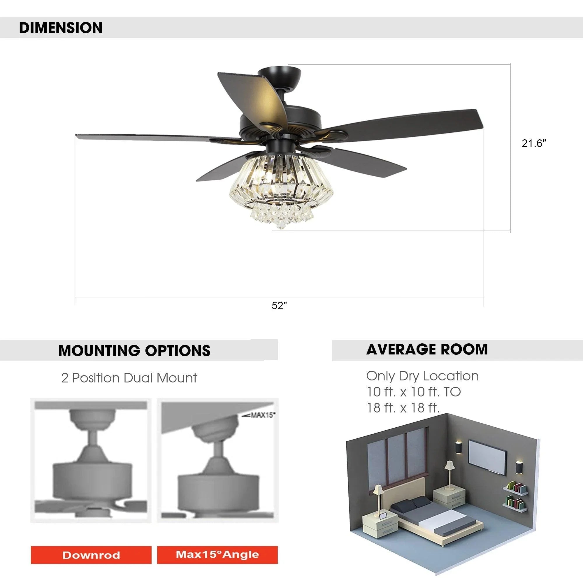 52" Kerala Modern Chrome Downrod Mount Reversible Crystal Ceiling Fan with Lighting and Remote Control - ParrotUncle