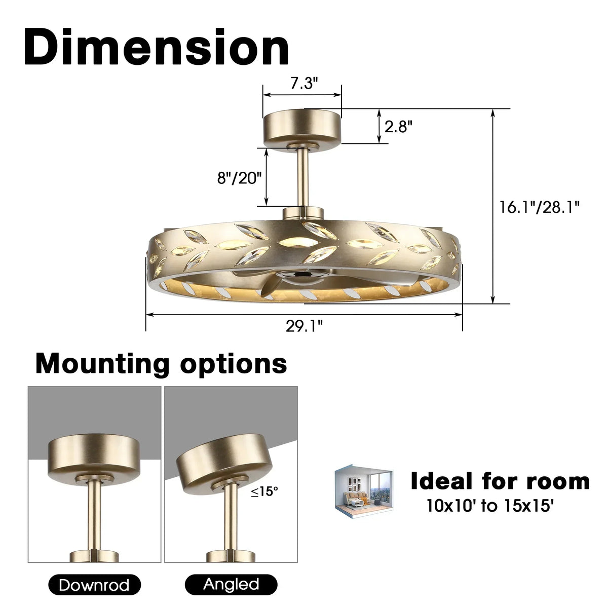 Perimost 29 Inch Antique Silver Downrod Mount Luxury Fandelier with Light and Remote Control