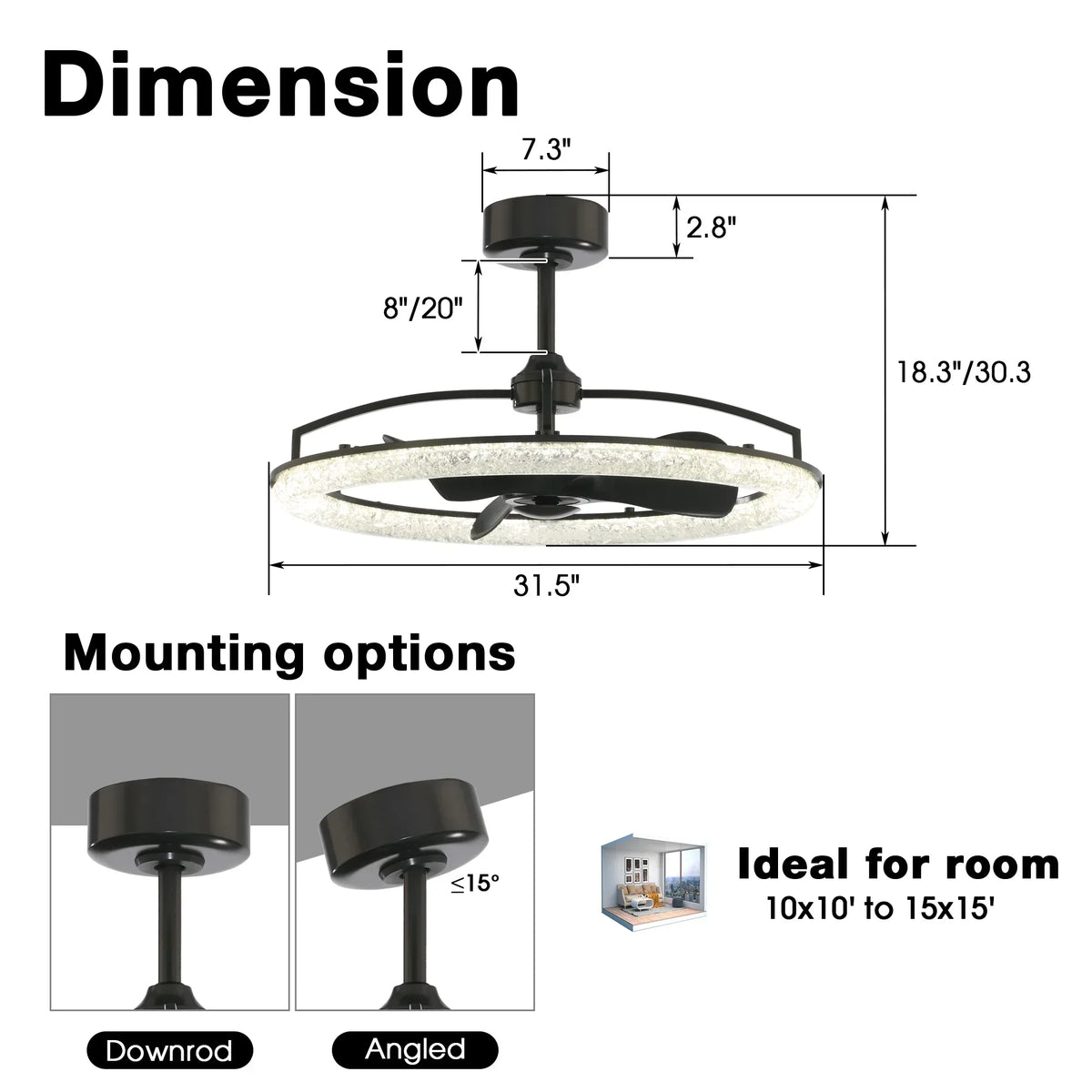 Perimost 32 Inch Black Downrod Mount Luxury Fandelier with Light and Remote Control