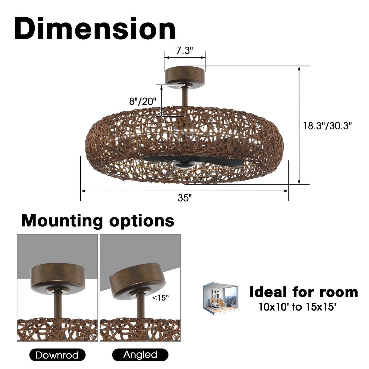 Perimost 35 Inch Golden Bronze Downrod Mount Luxury Fandelier with Light and Remote Control
