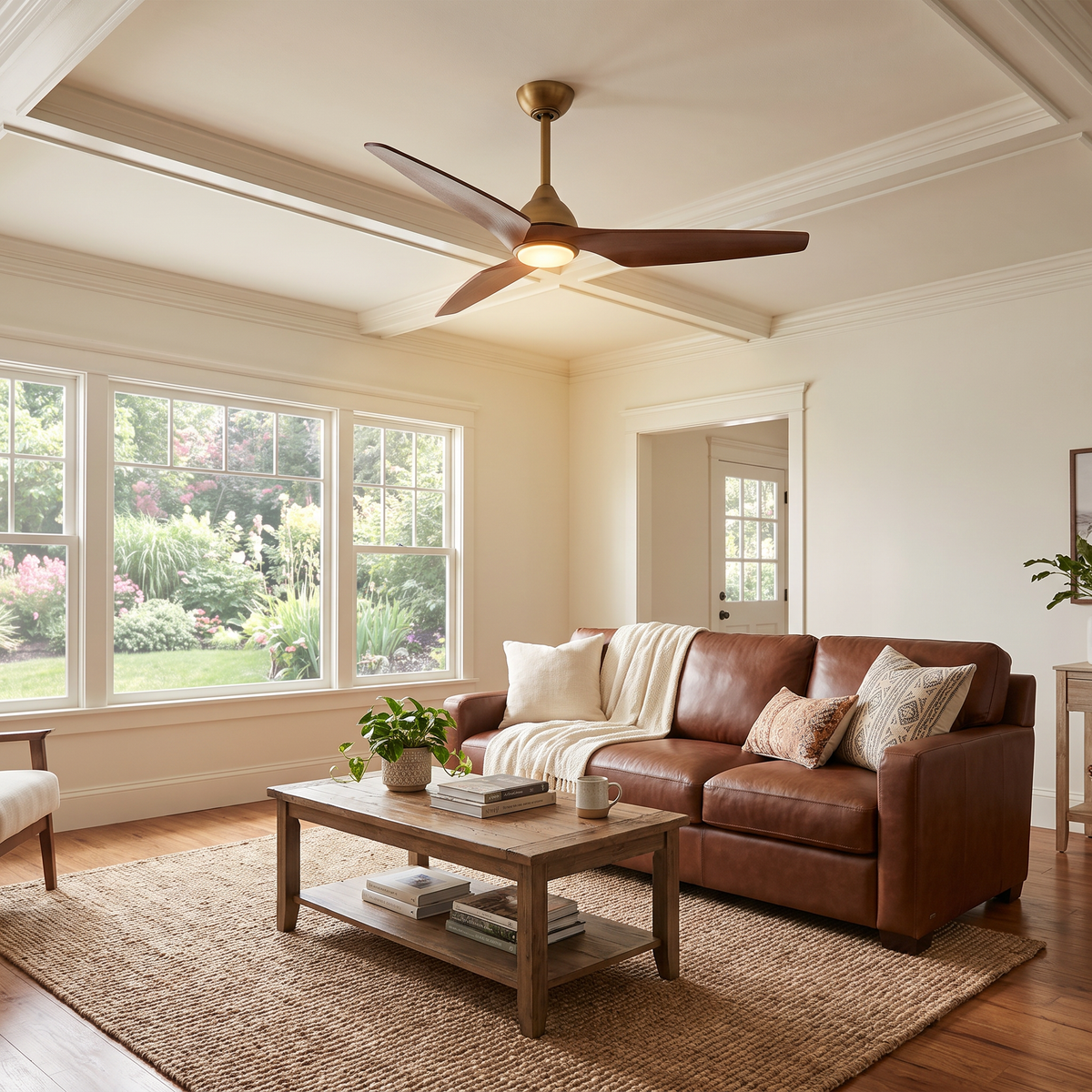 Modern three-blade wood ceiling fan with integrated light fixture.
