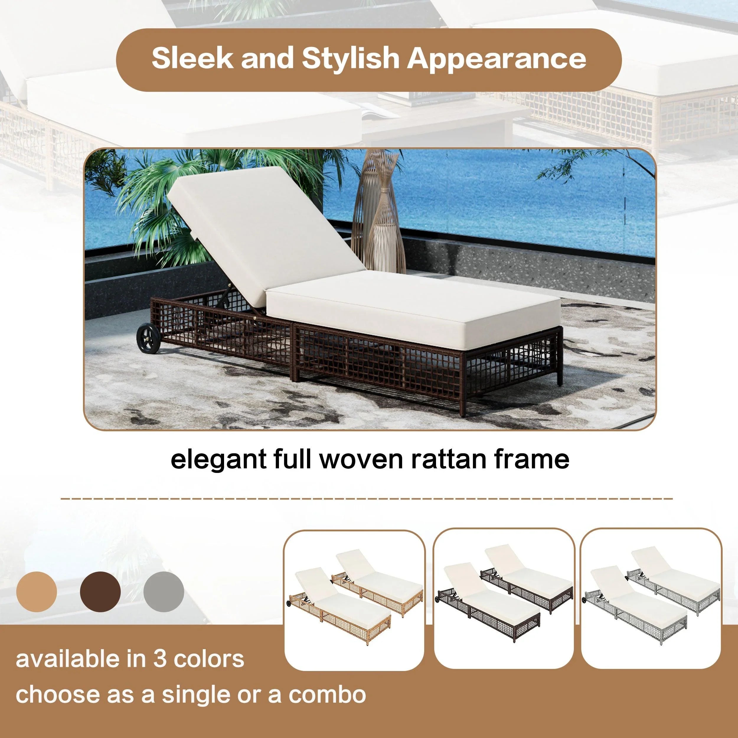 Outdoor Lounge Chair, Patio Chaise Lounge with 5-Position Backrest, Rattan Outdoor Lounge Chair with Cushion and Wheels for Poolside, Backyard, Garden