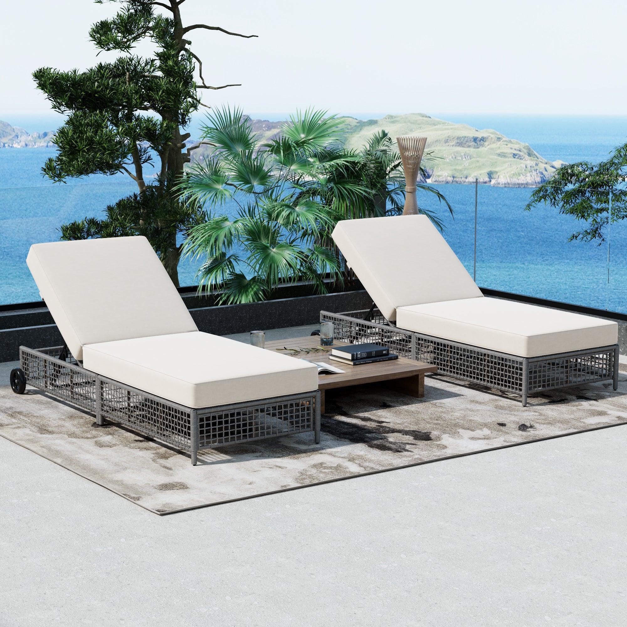 Outdoor Lounge Chair, Patio Chaise Lounge with 5-Position Backrest, Rattan Outdoor Lounge Chair with Cushion and Wheels for Poolside, Backyard, Garden