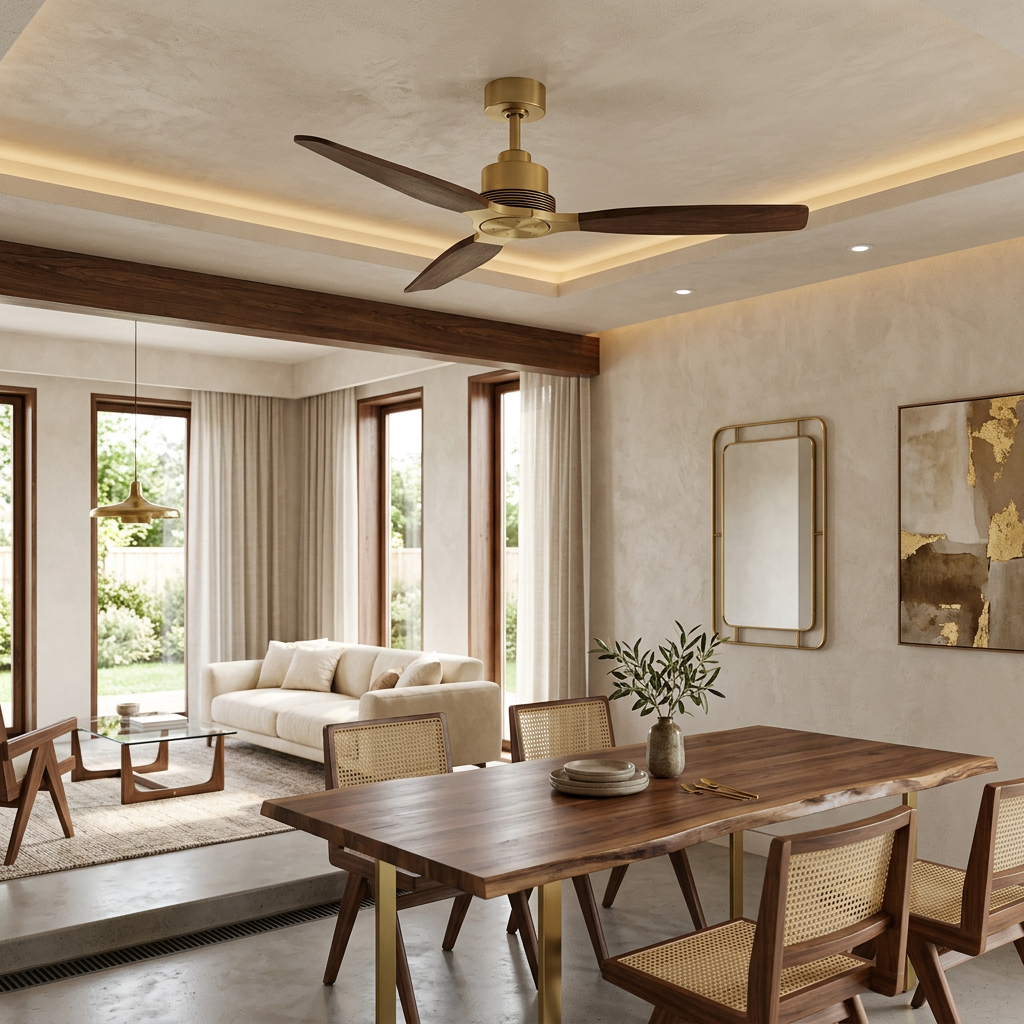 Modern gold and dark wood ceiling fan in a minimalist living room