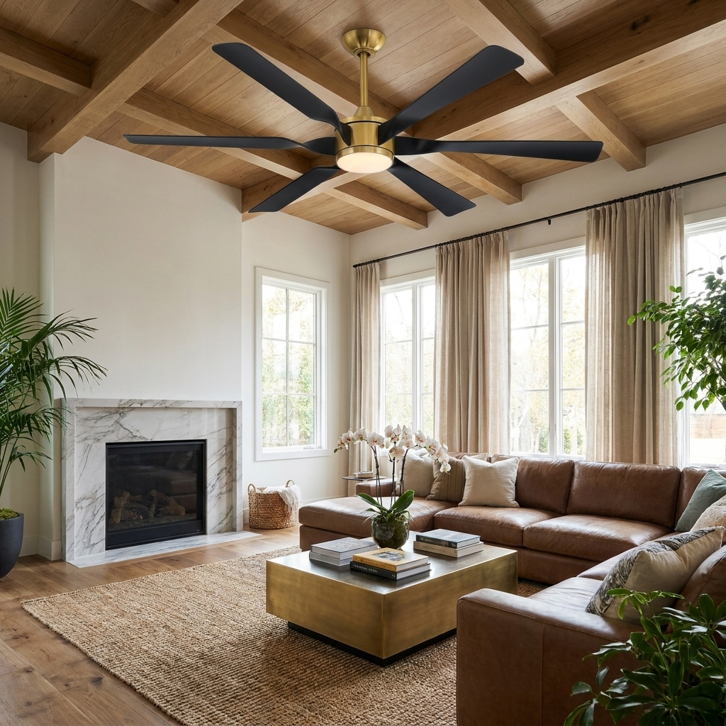 Modern black 8-blade ceiling fan with brass hardware and light fixture on a wooden ceiling.