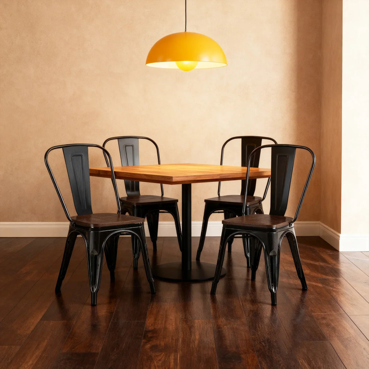 Set of 4 Industrial Metal Stackable Dining Chairs with Walnut Wooden Seat