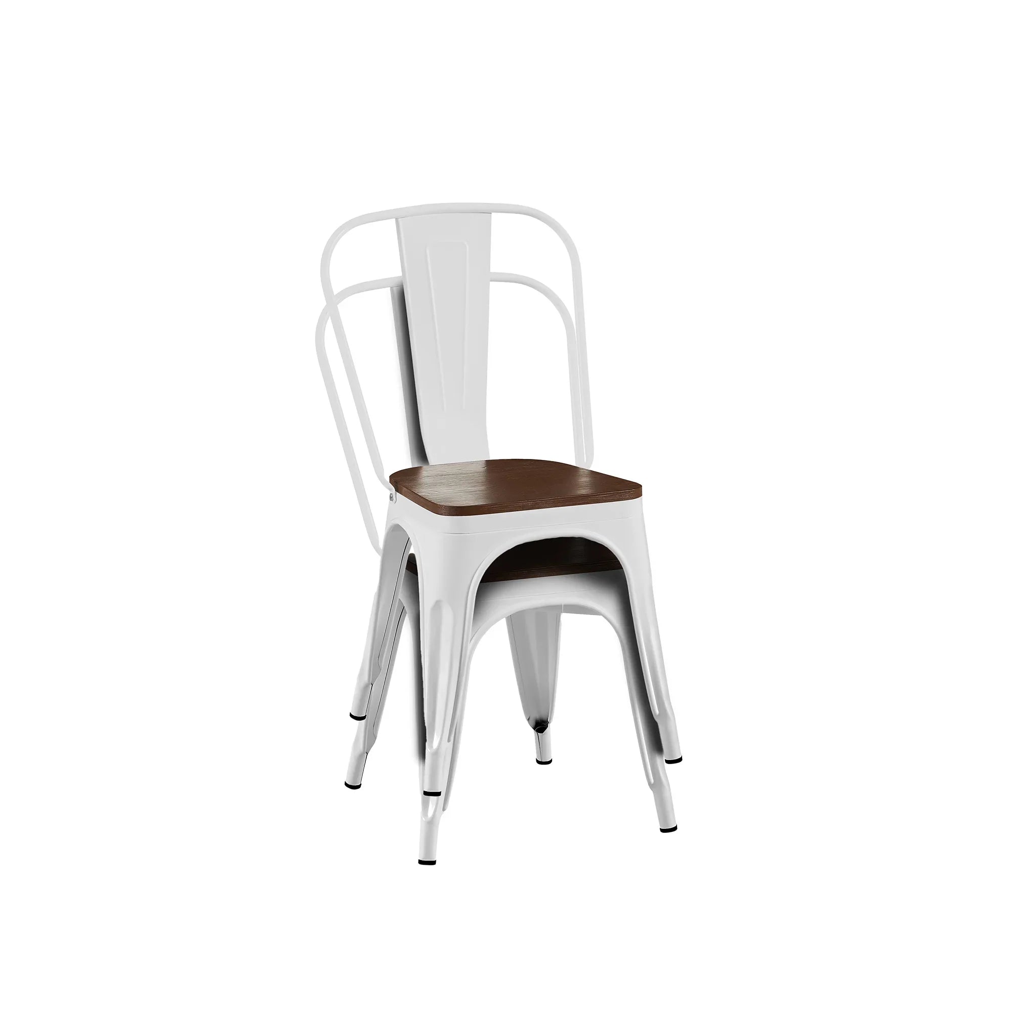 Set of 4 Industrial Metal Stackable Dining Chairs with Walnut Wooden Seat