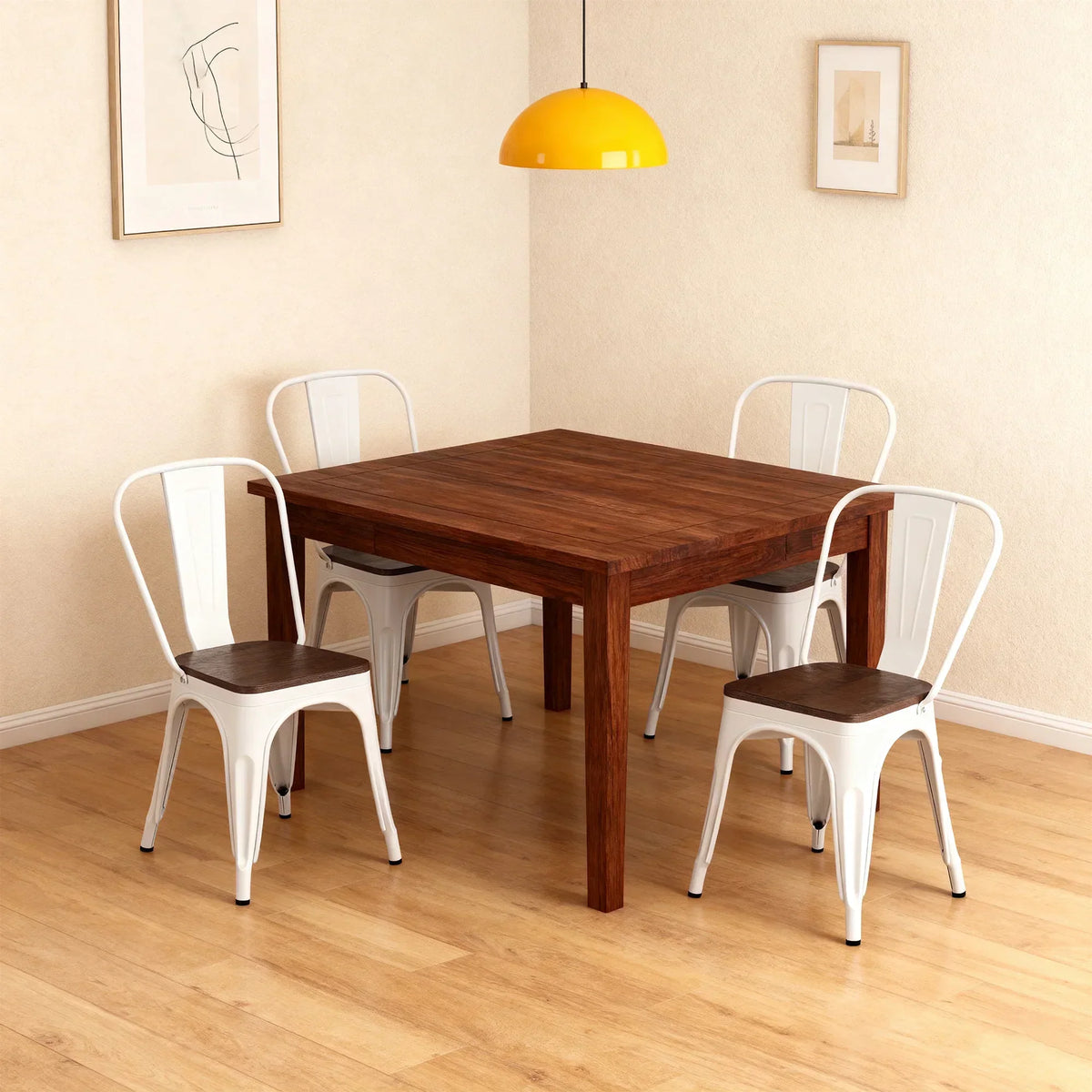 Set of 4 Industrial Metal Stackable Dining Chairs with Walnut Wooden Seat