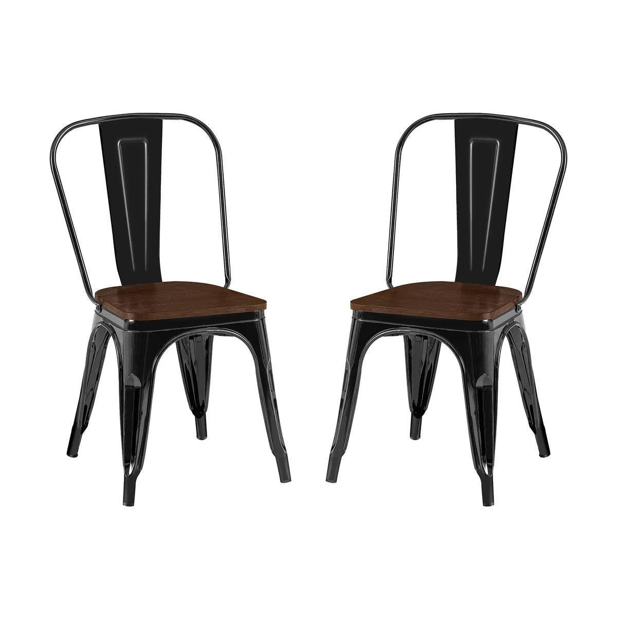 Set of 2 Industrial Metal Stackable Dining Chairs with Walnut Wooden Seat