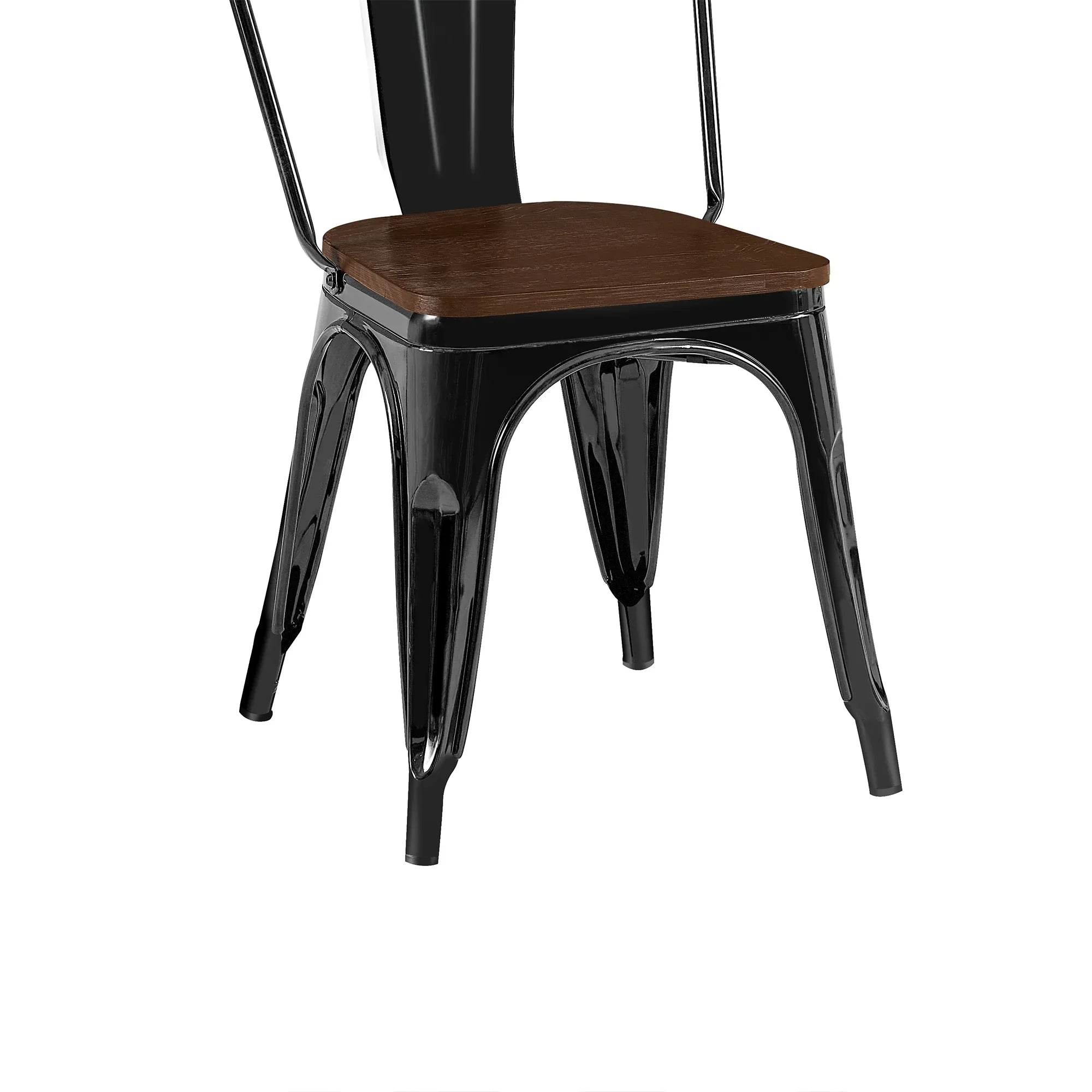 Set of 2 Industrial Metal Stackable Dining Chairs with Walnut Wooden Seat