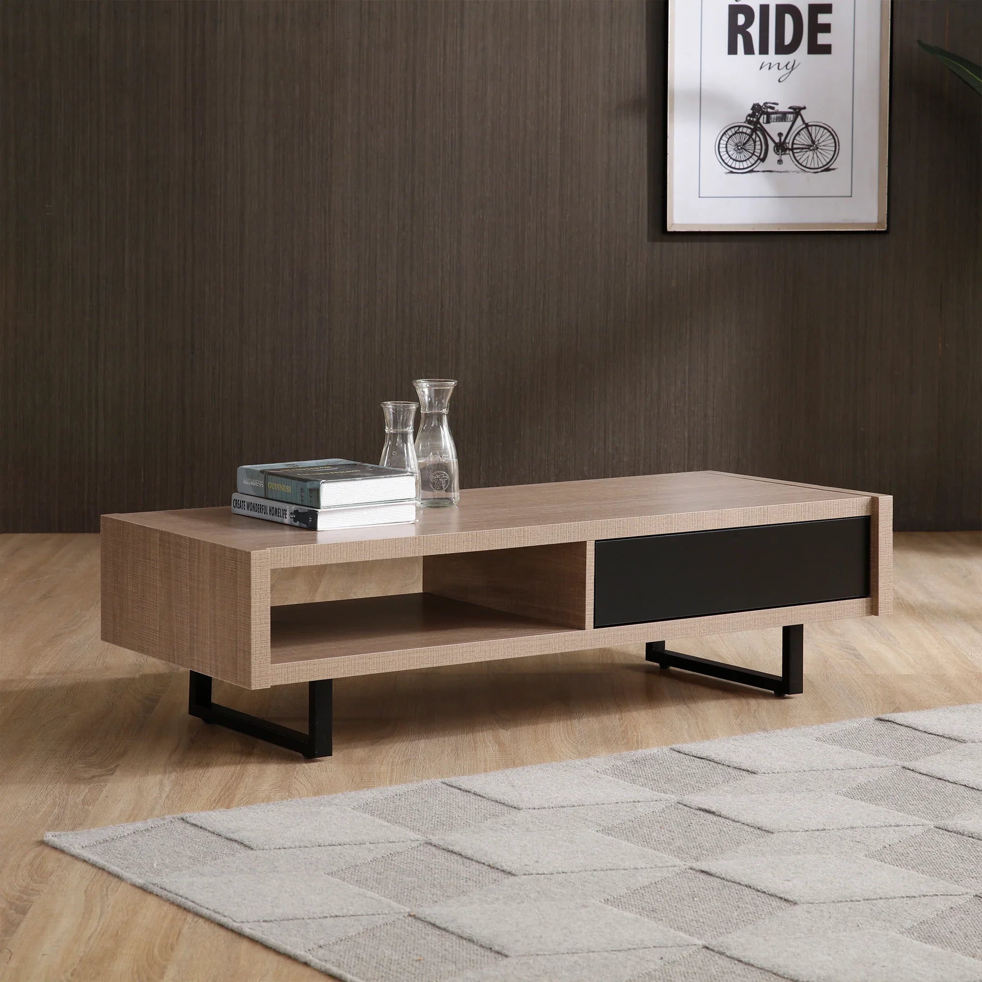 Ash 47" Pine Wood Coffee Table with All-Metal Legs