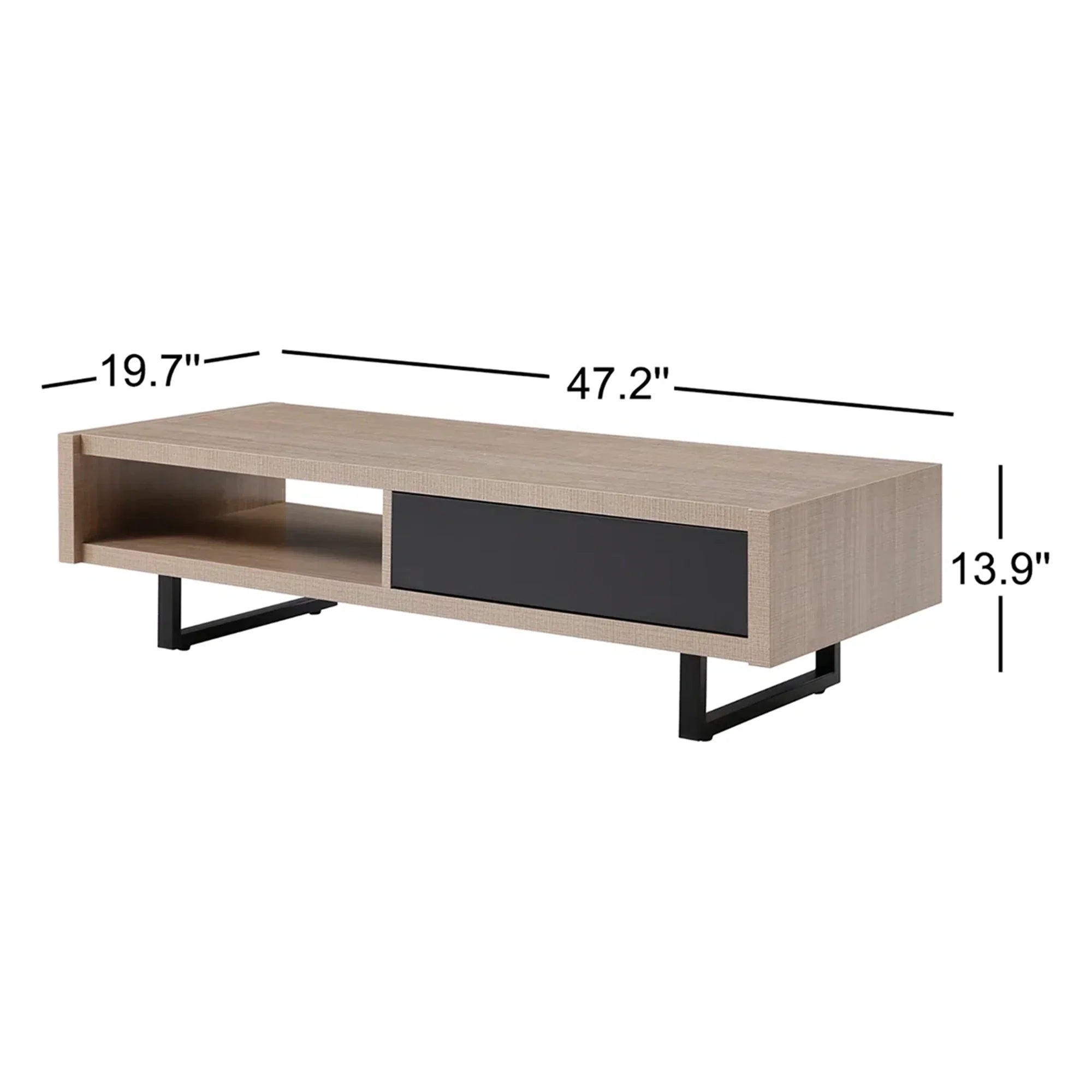 Ash 47" Pine Wood Coffee Table with All-Metal Legs
