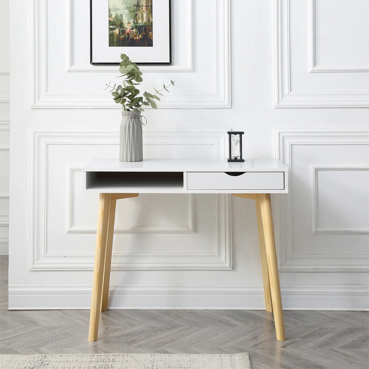 Austin 35" White Desk with Drawers Hardwood Table for Computer, Home Office, Study, Dorm