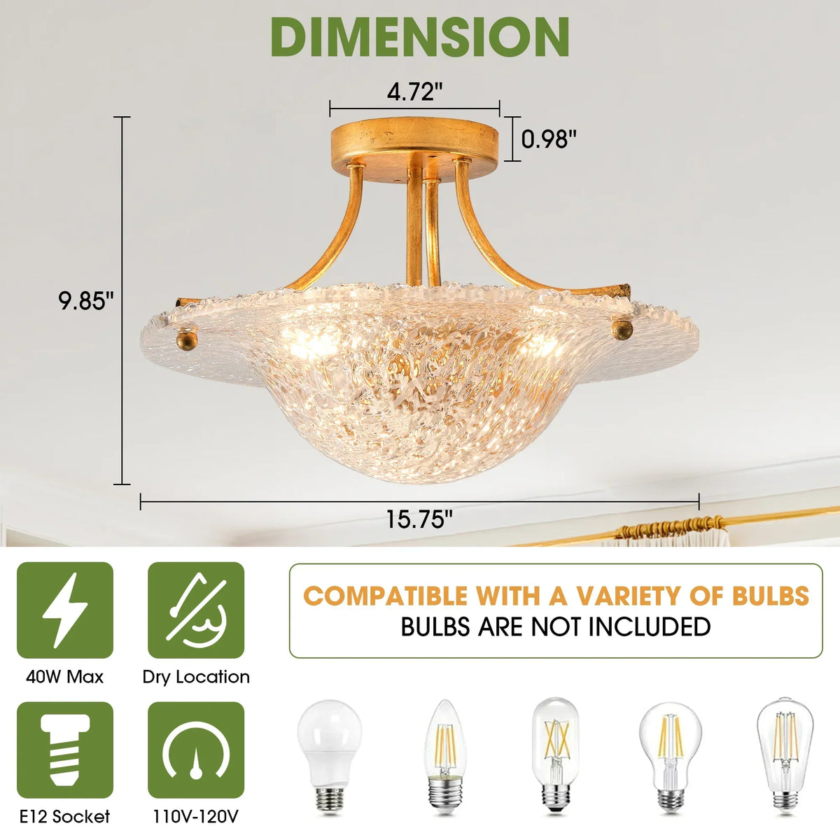 16 Inch Page 3-Light Vintage Golden Semi-Flush Mount Ceiling Light