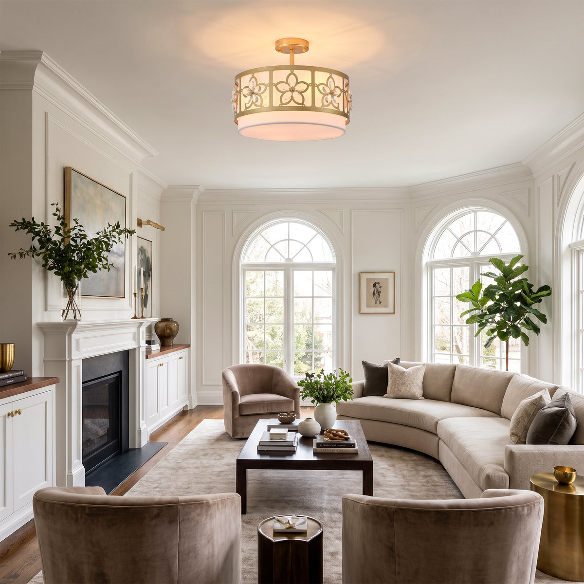 Audrey 4-Light Brushed Gold Semi-Flush Ceiling Light with Crystal Flowers