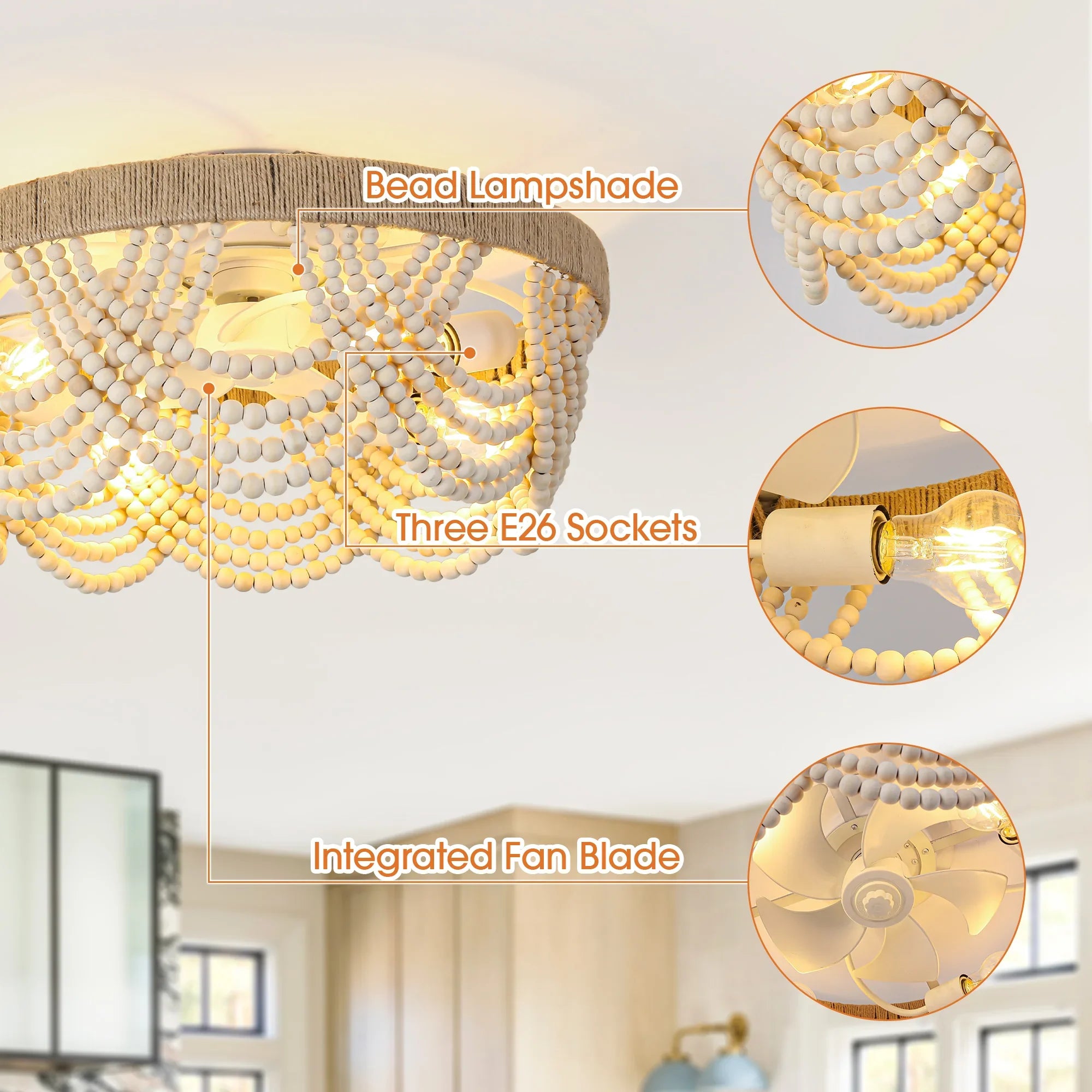 20 Inch White Farmhouse Handmade Wooden Beads Flush Mount Ceiling Fan with APP Remote Control and Lighting