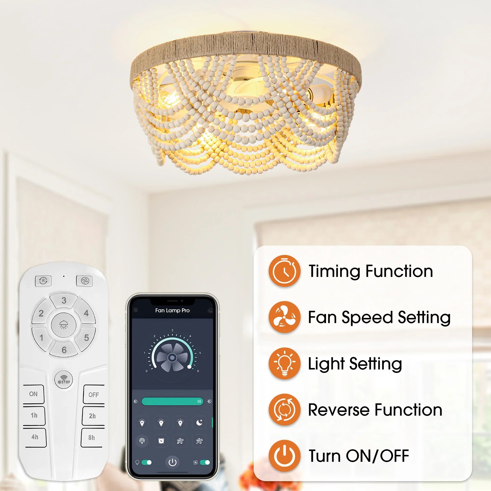 20 Inch White Farmhouse Handmade Wooden Beads Flush Mount Ceiling Fan with APP Remote Control and Lighting