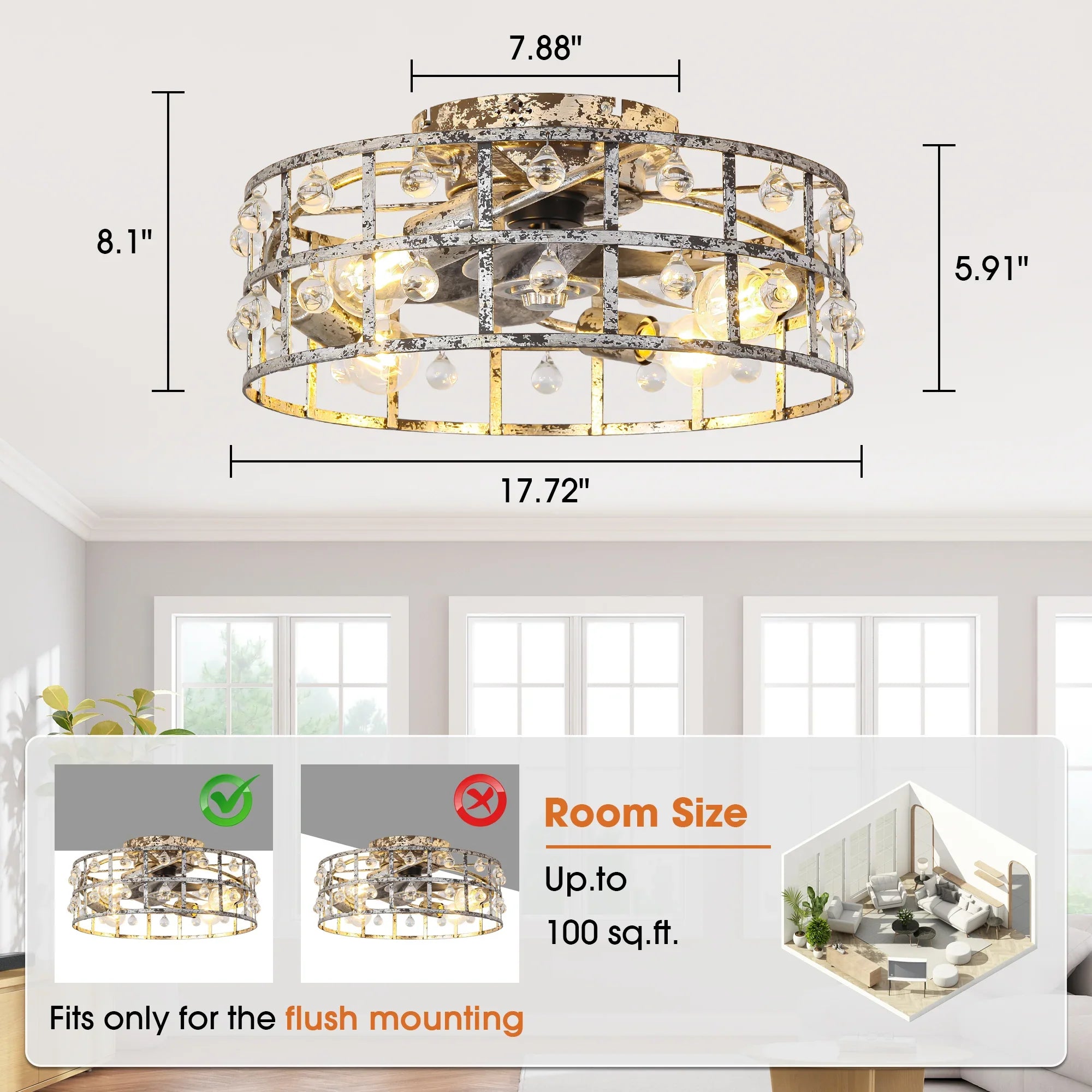 18 Inch Retro Silver Crystal Flush Mount Ceiling Fan with APP Remote Control and Lighting