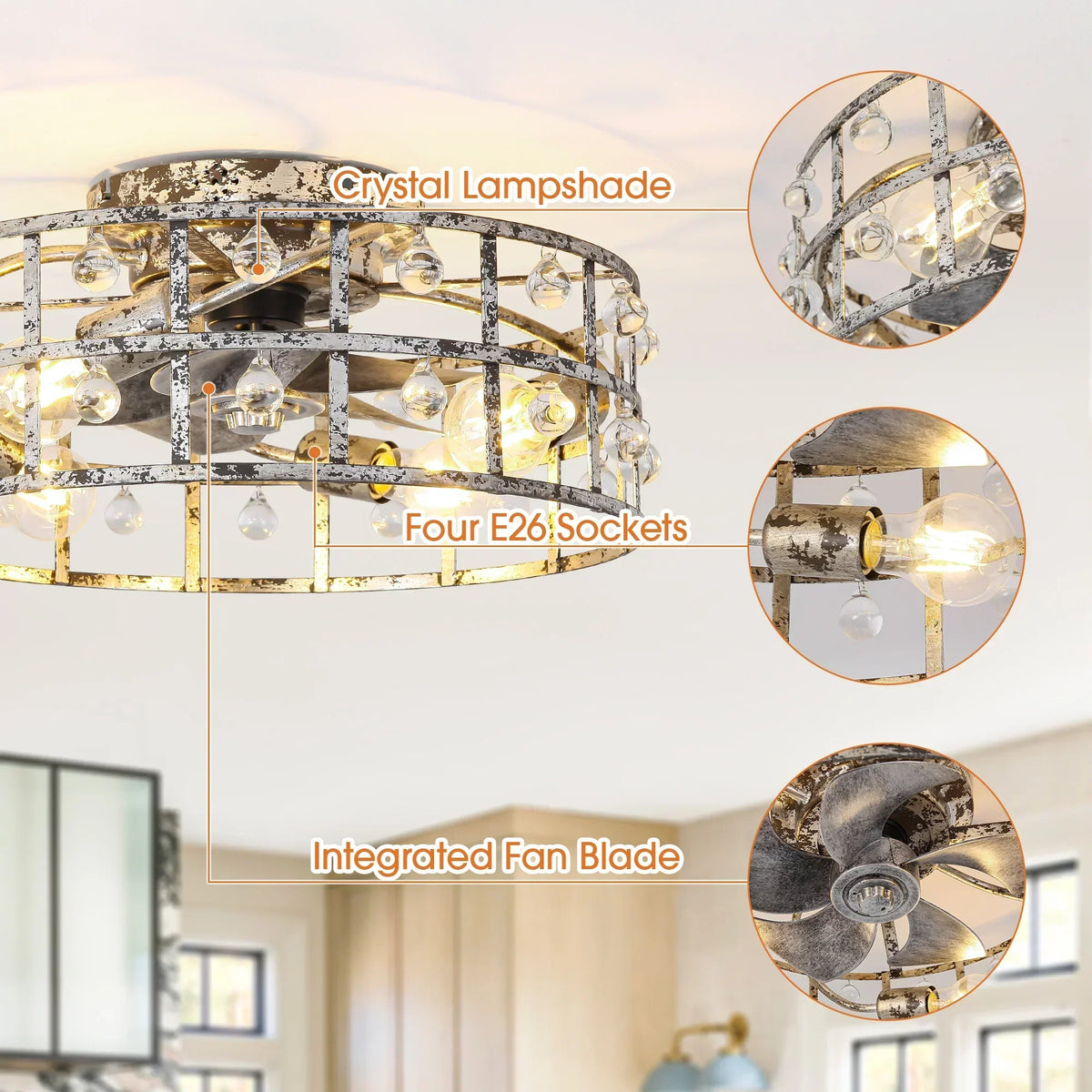 18 Inch Retro Silver Crystal Flush Mount Ceiling Fan with APP Remote Control and Lighting