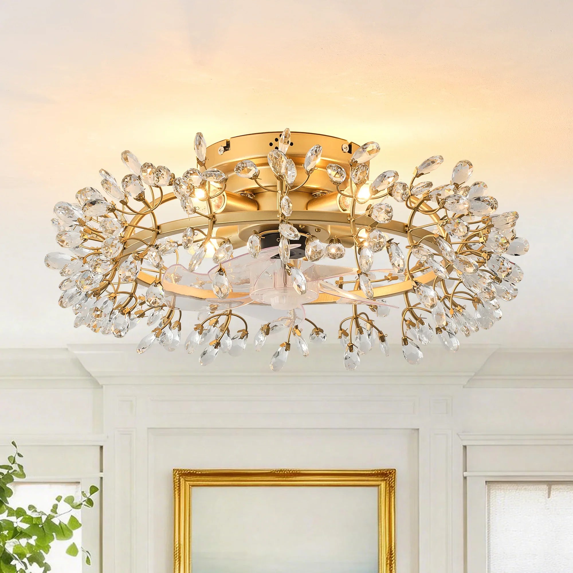 23" Clara Golden Crystal Flush Mount Ceiling Fan with Light and Remote