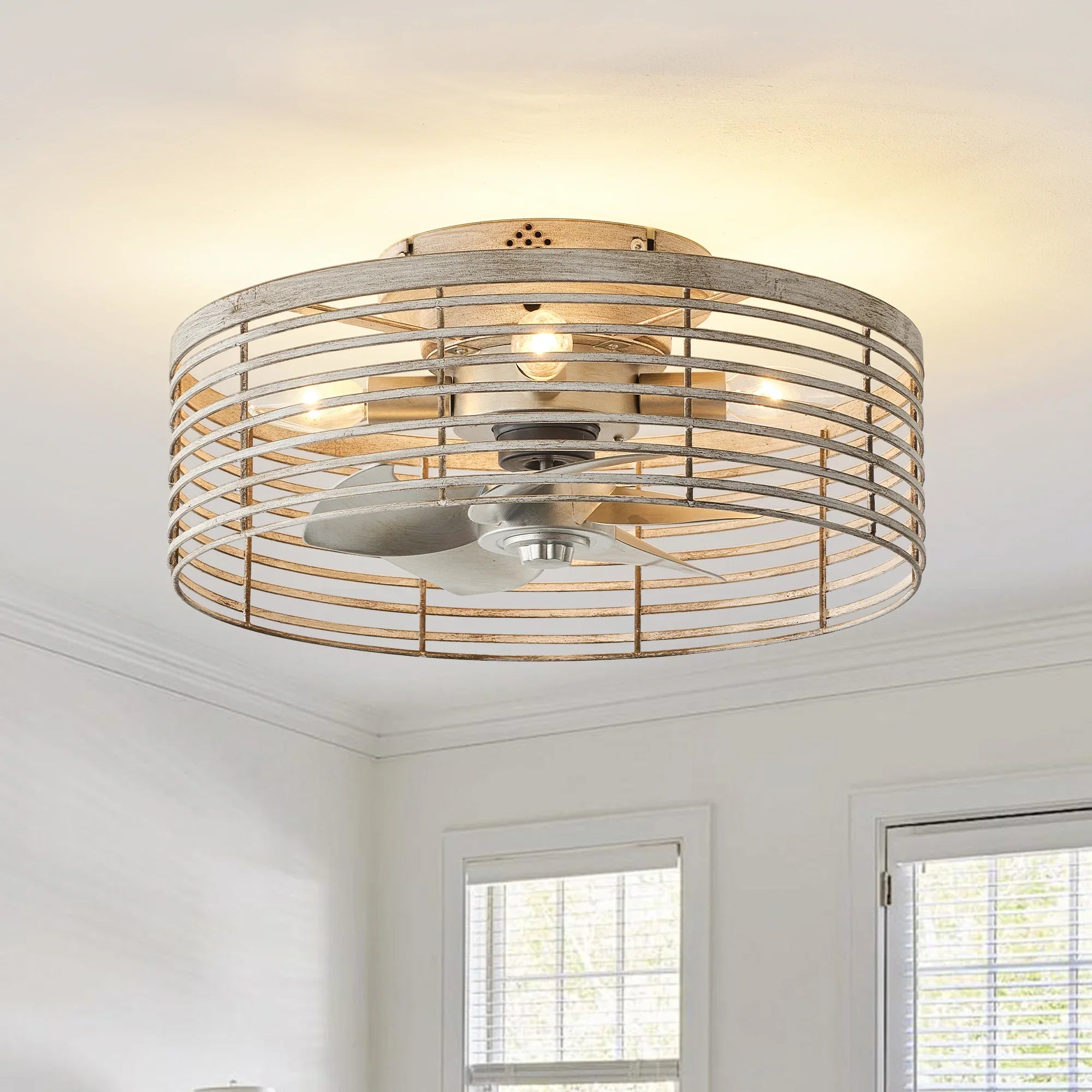 18" Ralap Distressed White Flush Mount Ceiling Fan with Light