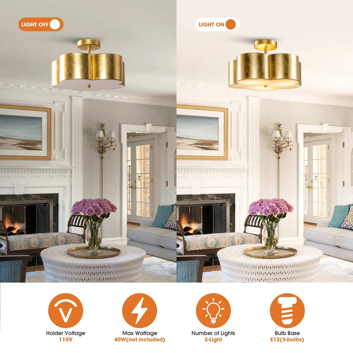 Golden Modern Semi Flush 3-Light Ceiling Lighting