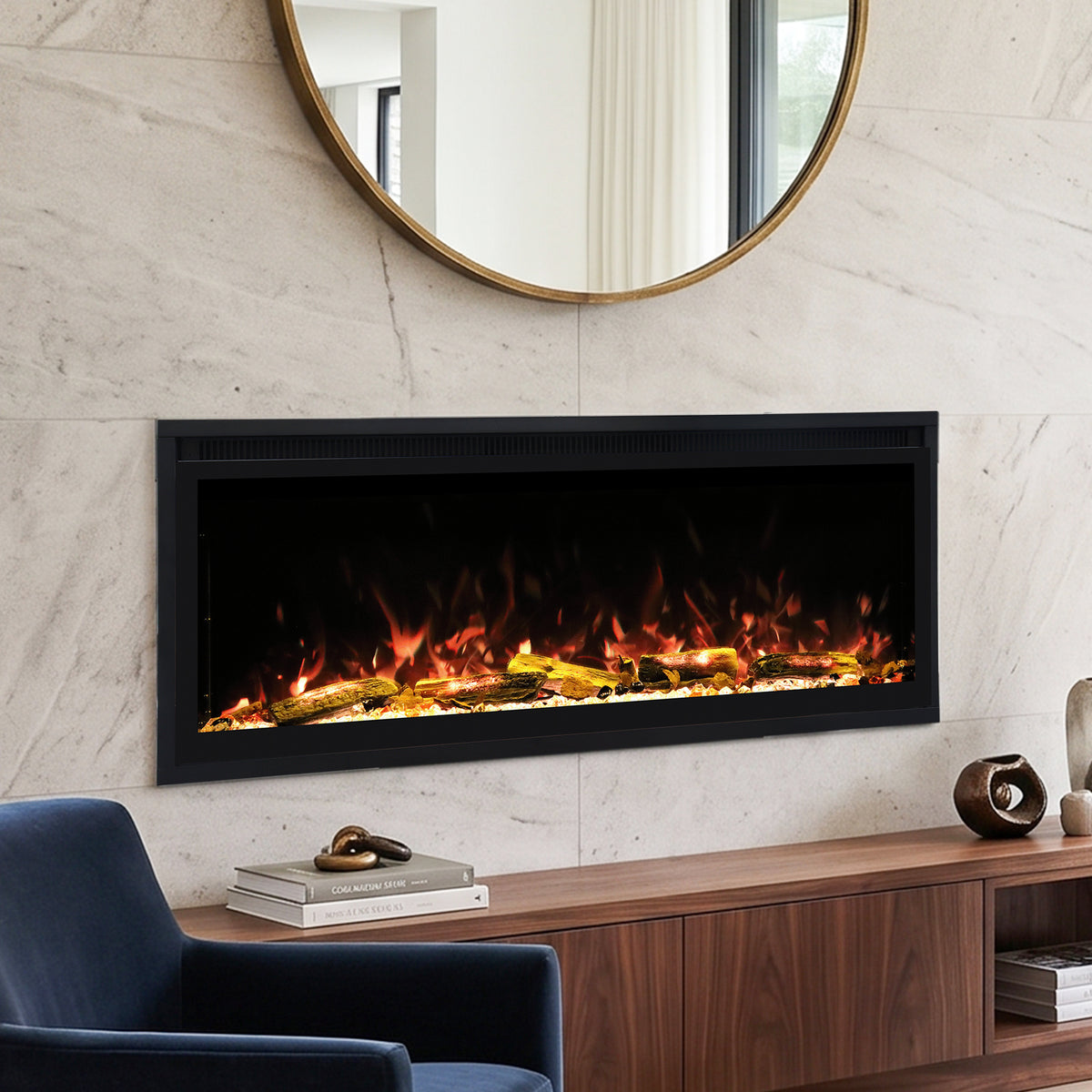 Smart Electric Fireplace with Wi-Fi & Remote Control, Recessed or Wall-Mounted, 13 Flame Colors & Crackling Sound