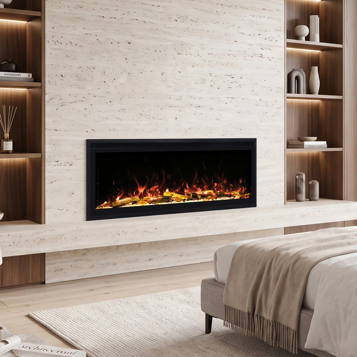Smart Electric Fireplace with Wi-Fi & Remote Control, Recessed or Wall-Mounted, 13 Flame Colors & Crackling Sound