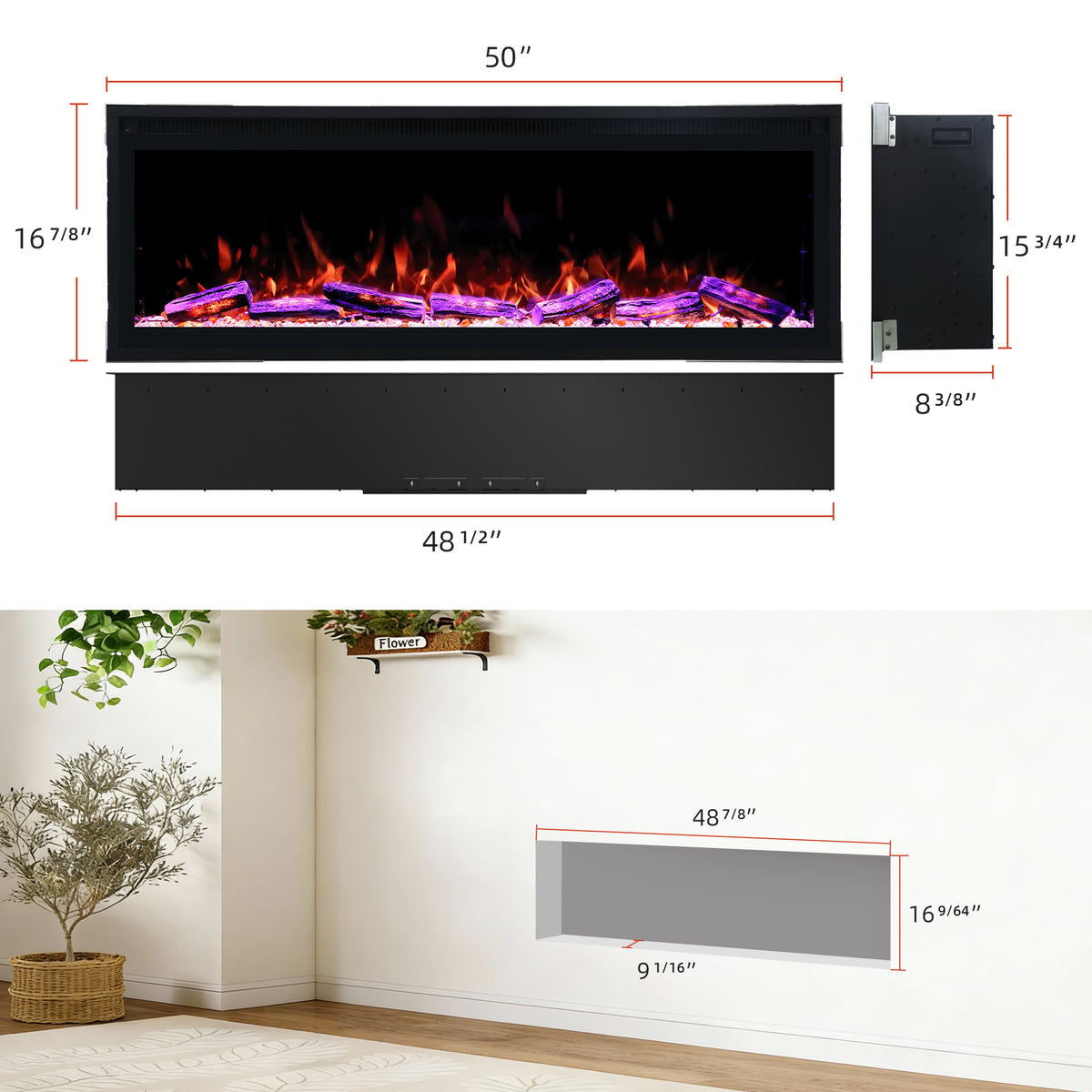 Smart Electric Fireplace with Wi-Fi & Remote Control, Recessed or Wall-Mounted, 13 Flame Colors & Crackling Sound