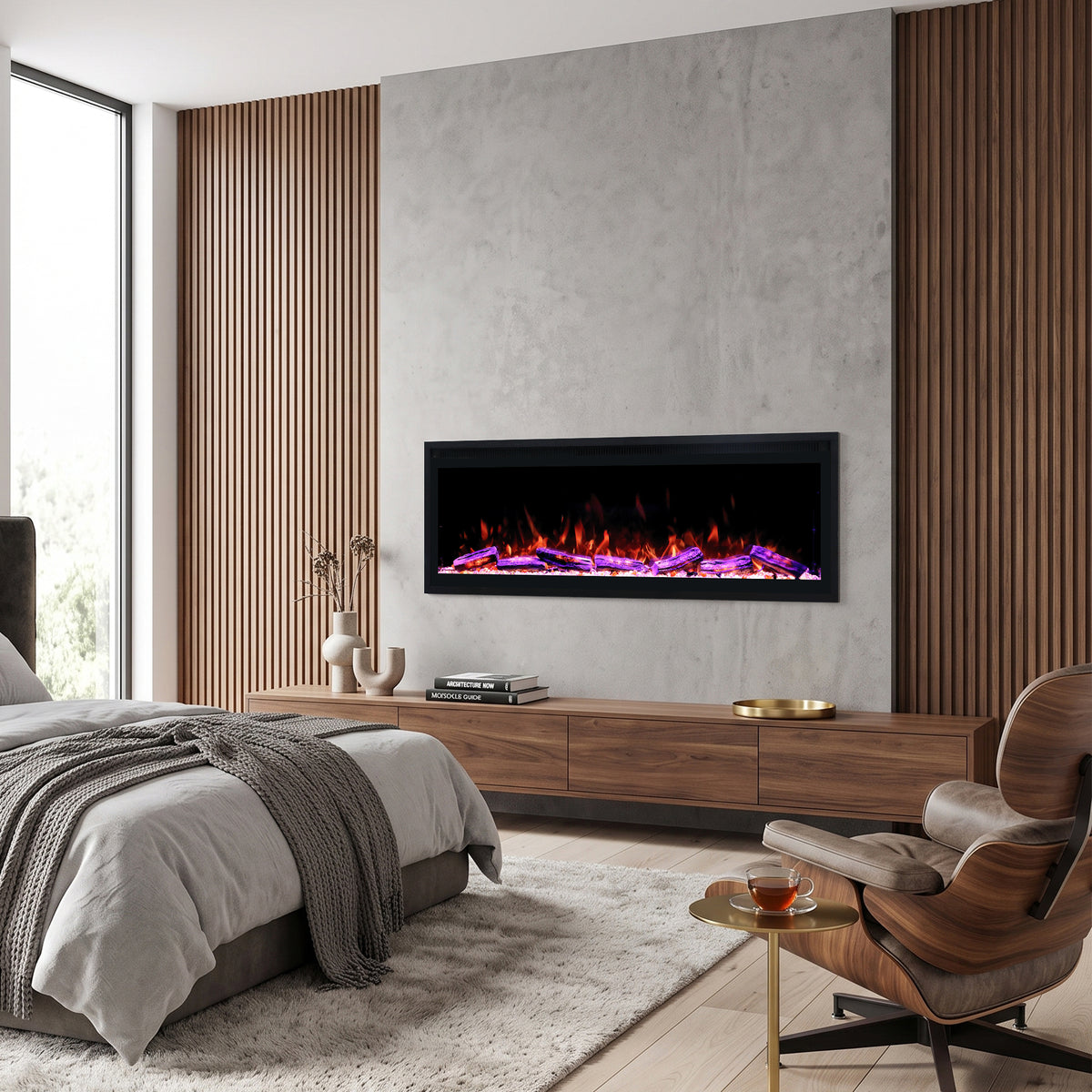 Smart Electric Fireplace with Wi-Fi & Remote Control, Recessed or Wall-Mounted, 13 Flame Colors & Crackling Sound