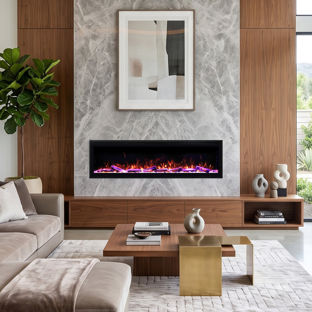 Smart Electric Fireplace with Wi-Fi & Remote Control, Recessed or Wall-Mounted, 13 Flame Colors & Crackling Sound