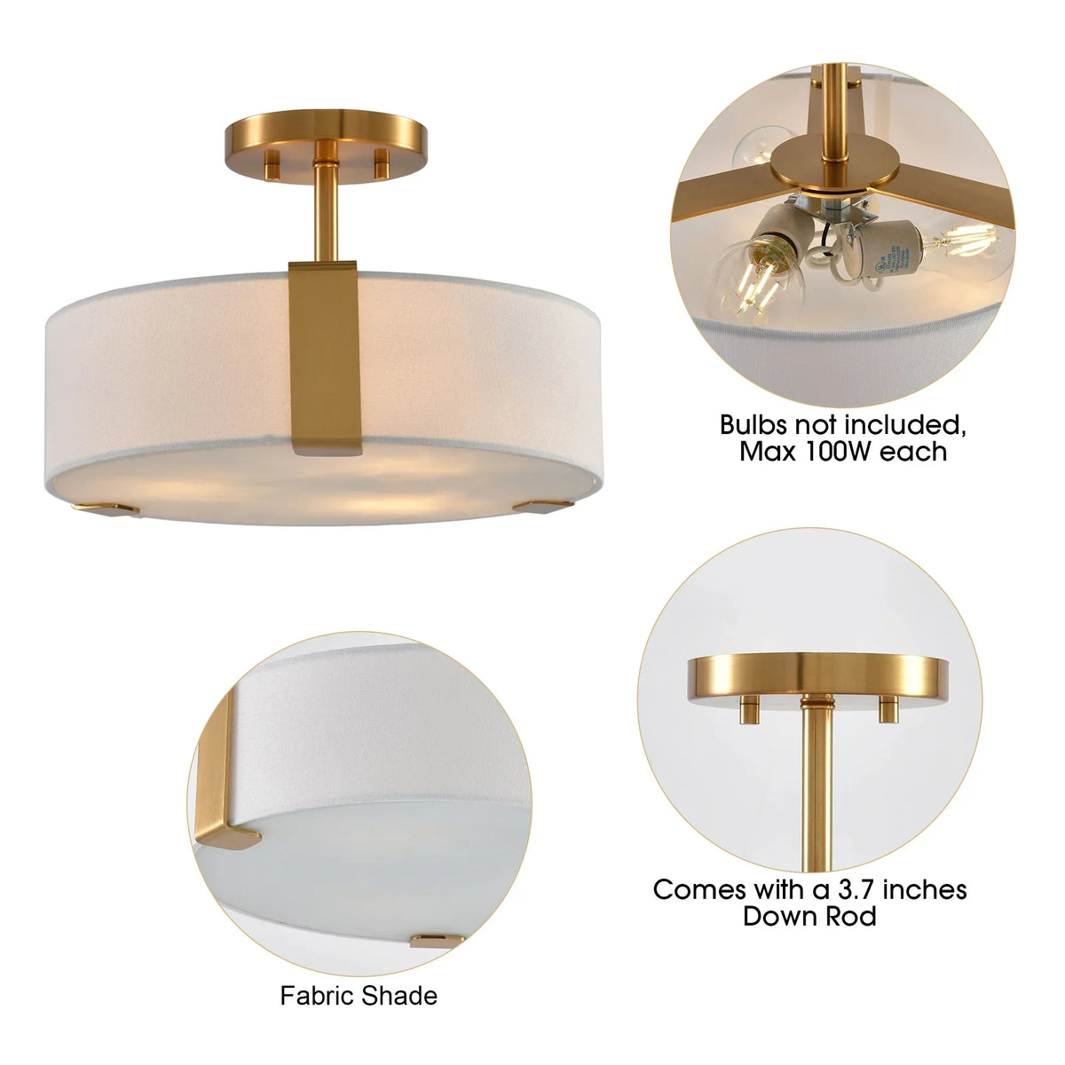 14 Inch Ella 3-Light Electroplate Golden Semi-Flush Mount Ceiling Light