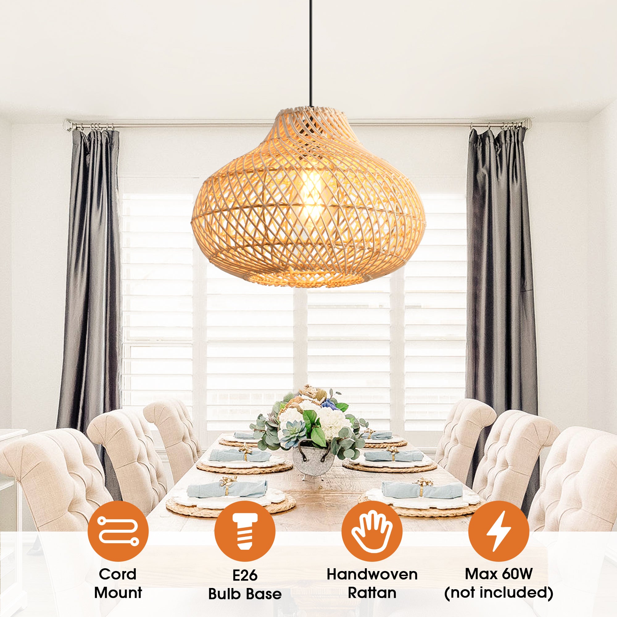 19" Winston Bohemian Handwoven Rattan Island Pendant Light
