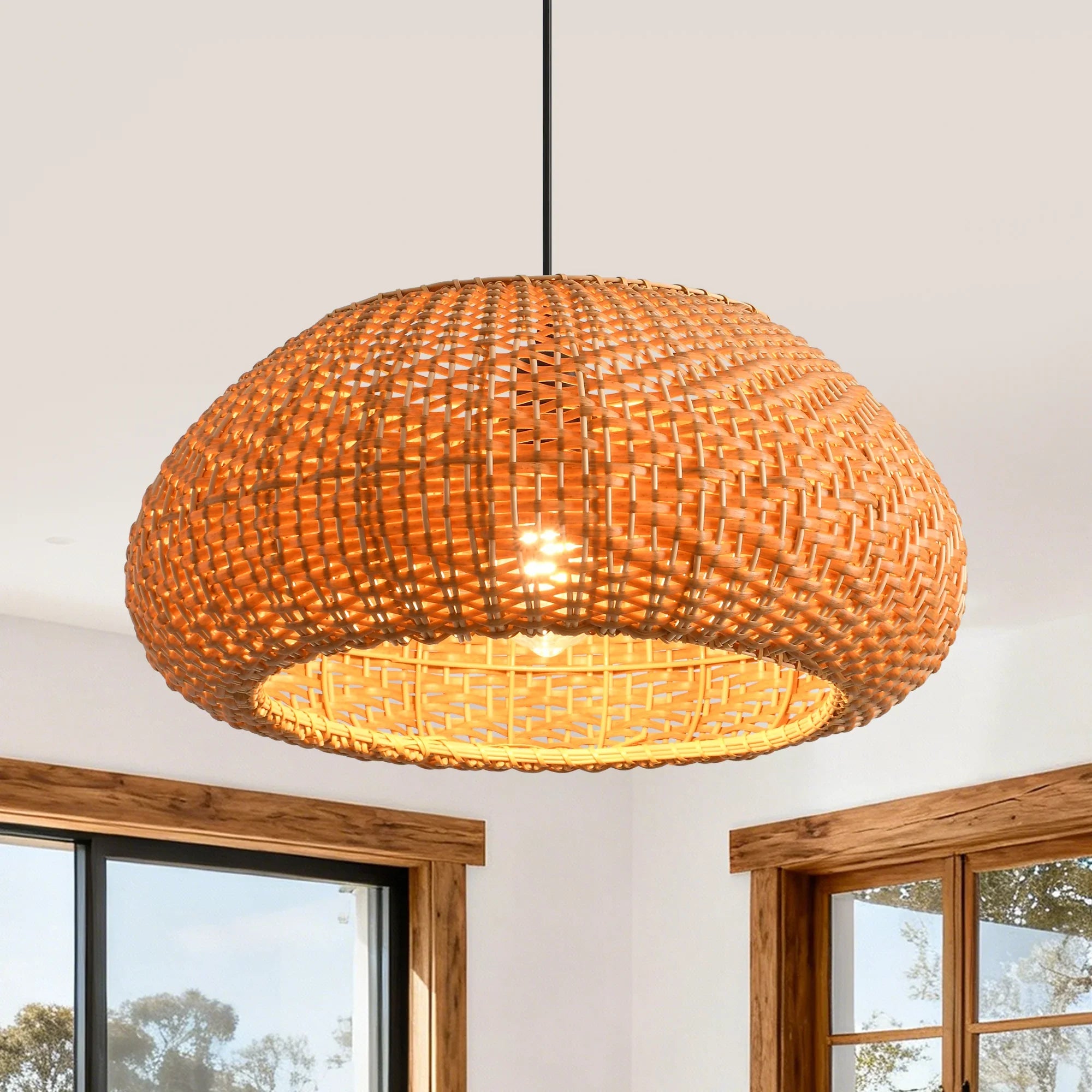 19" Walter Bohemian Handwoven Rattan Island Pendant Light