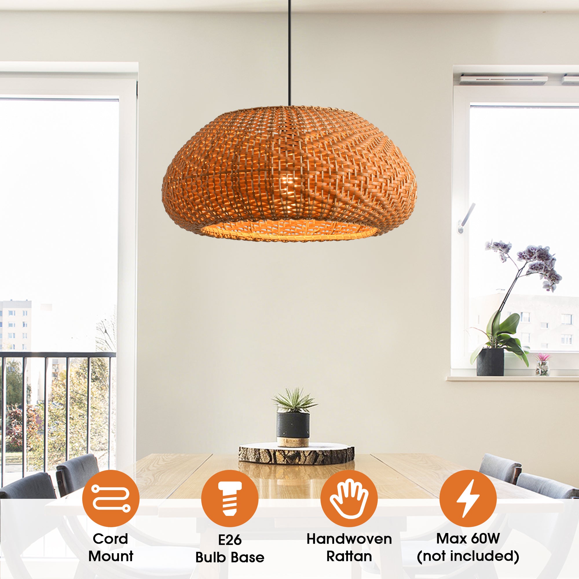 19" Walter Bohemian Handwoven Rattan Island Pendant Light