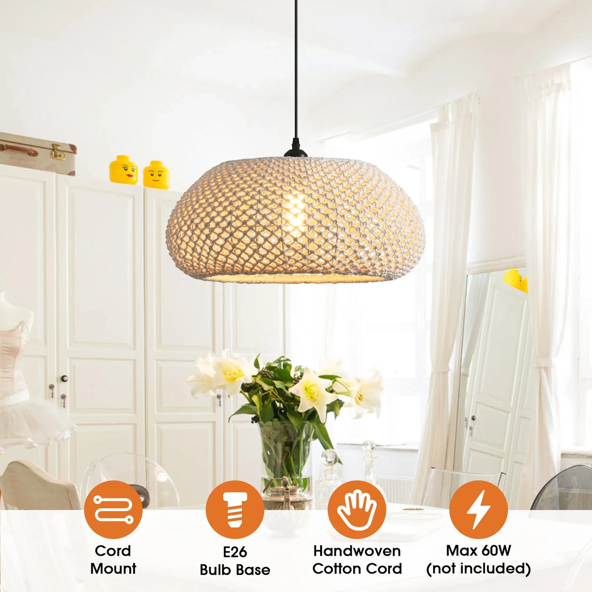 19" Tyler Bohemian Handwoven Cotton Rope Island Pendant Light