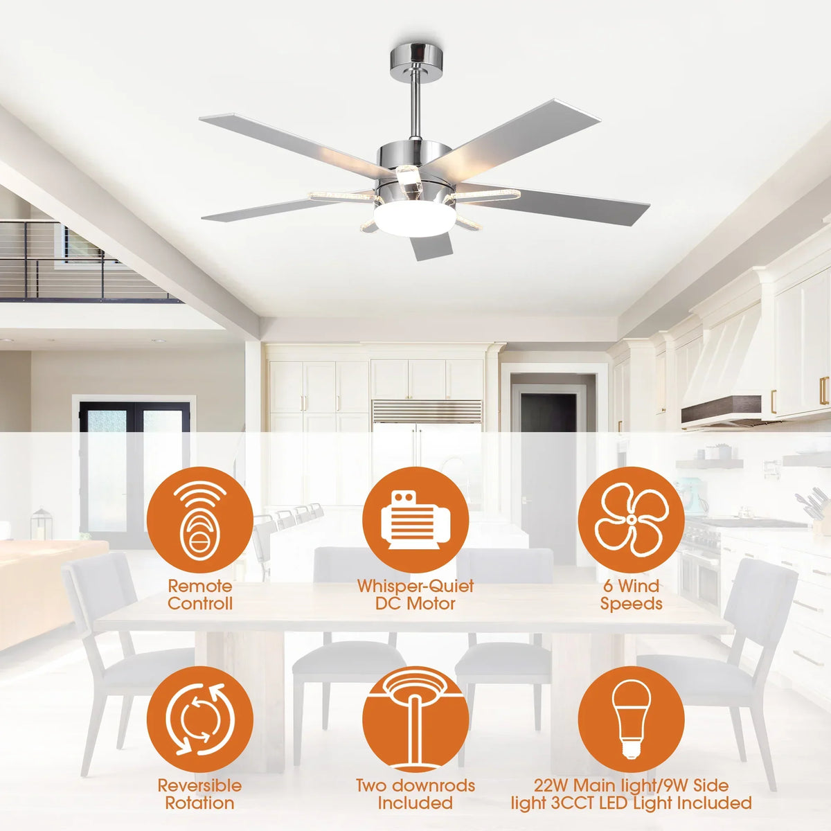 52 Inch Double-sided Blades Modern Downrod Mount Ceiling Fan with Main/Side LED Light