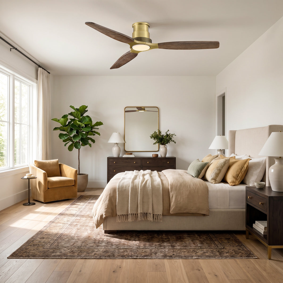 48 Inch Soft Brass Solid Wood Blades Flush Mount Ceiling Fan