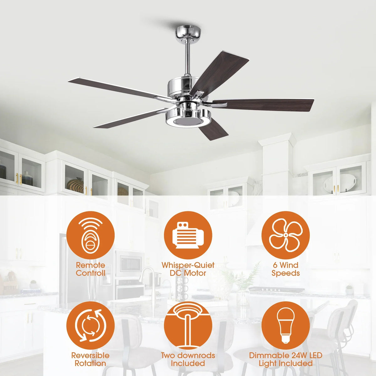 52 Inch Arlen Double-sided Blades Downrod Mount LED Ceiling Fan with Remote Control
