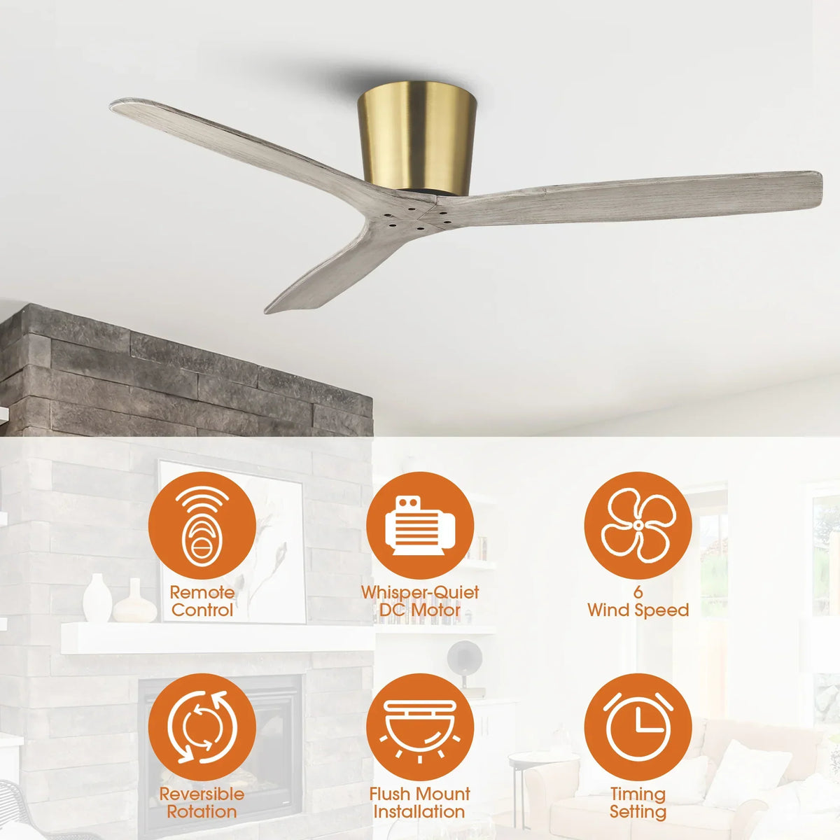 54 Inch Ward Solid Wood Blades Flush Mount Ceiling Fan with Remote Control