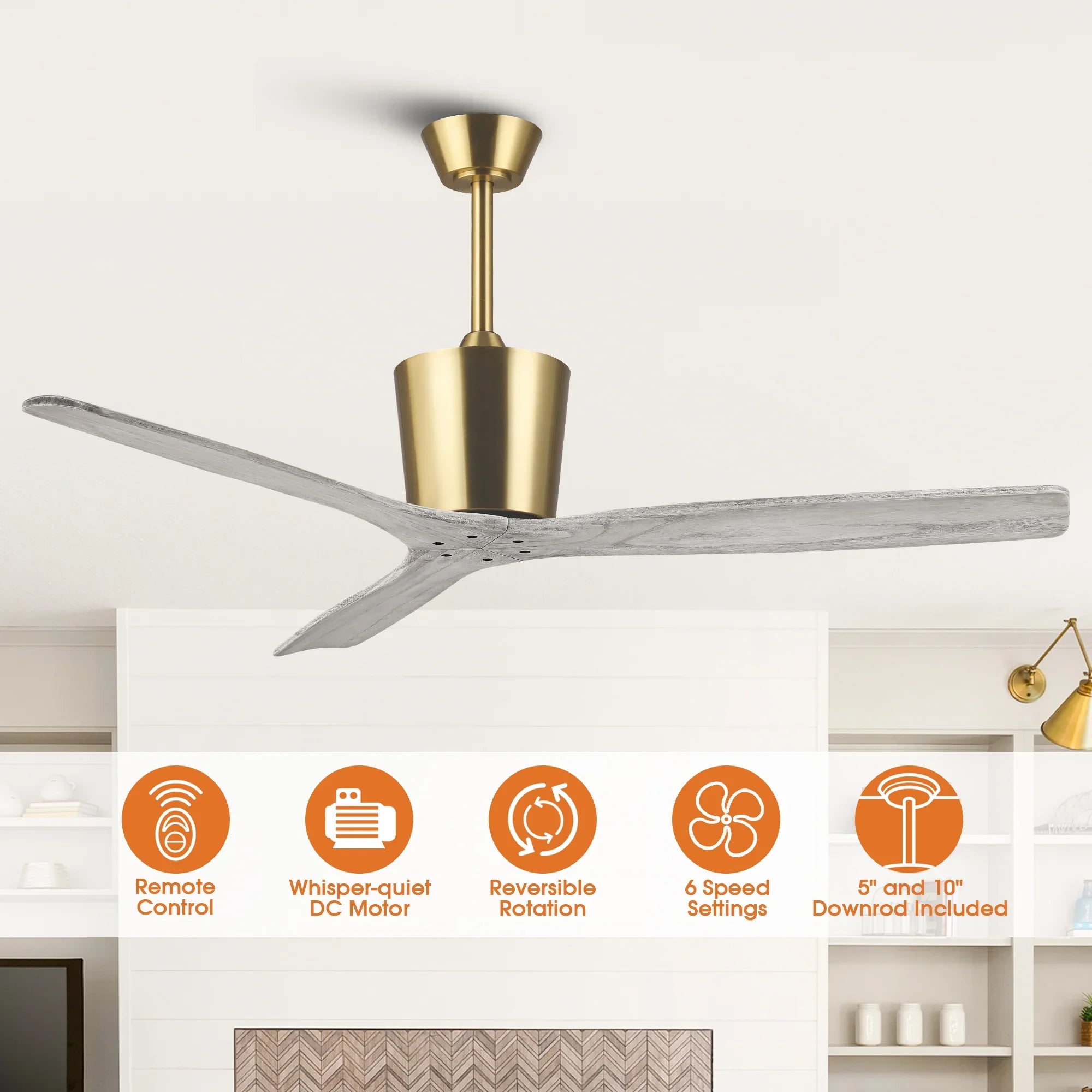 54 Inch Dylan Solid Wood Blades Downrod Mount Ceiling Fan with Remote Control