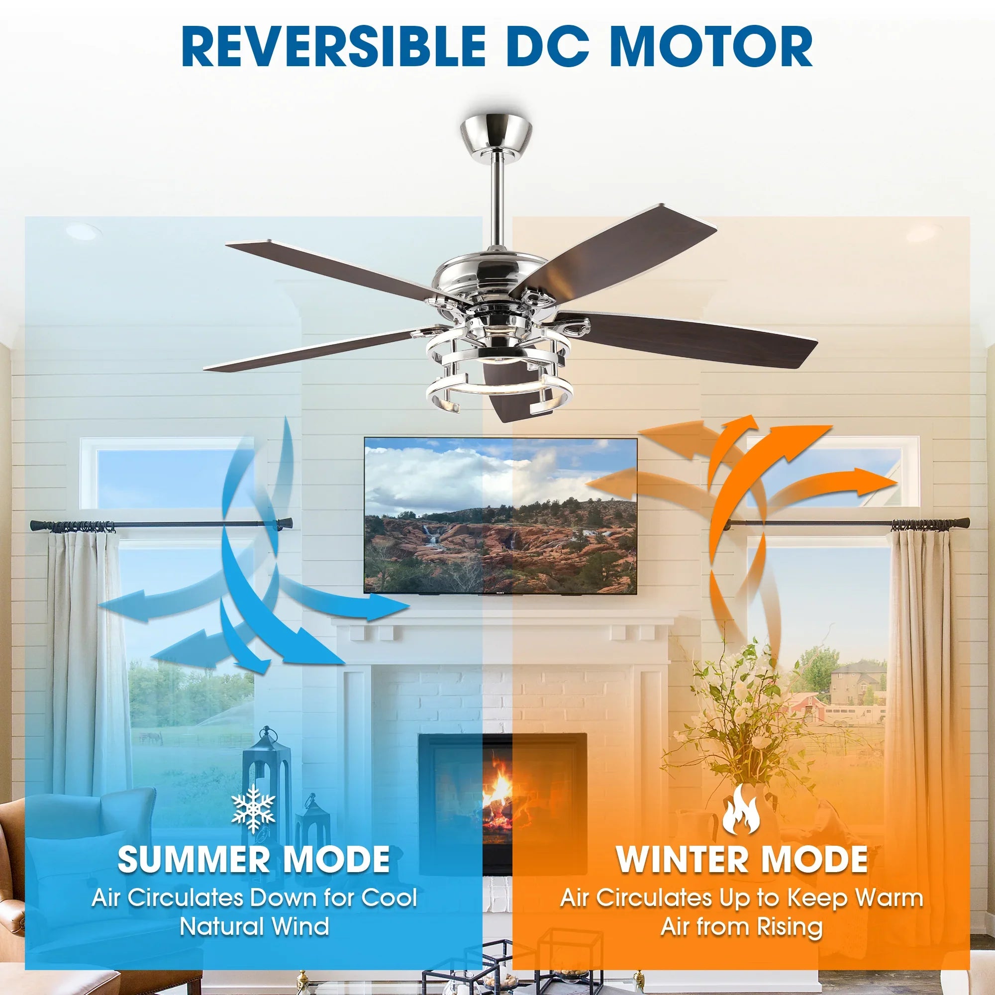 52 Inch Rita Double-sided Blades Downrod Mount LED Ceiling Fan with Remote Control