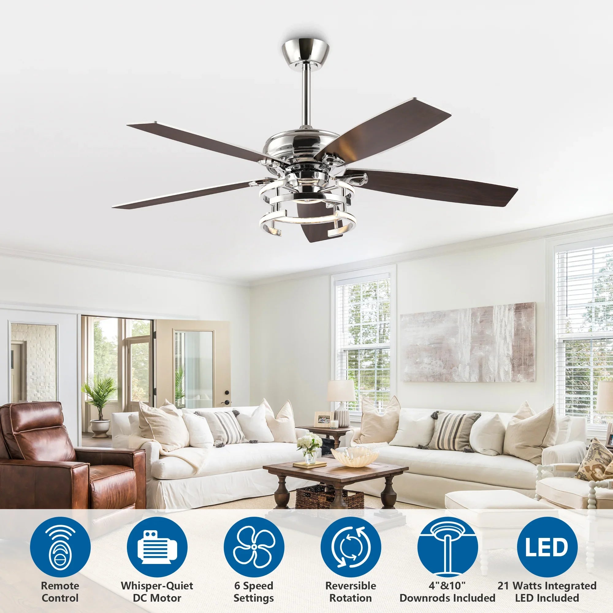 52 Inch Rita Double-sided Blades Downrod Mount LED Ceiling Fan with Remote Control