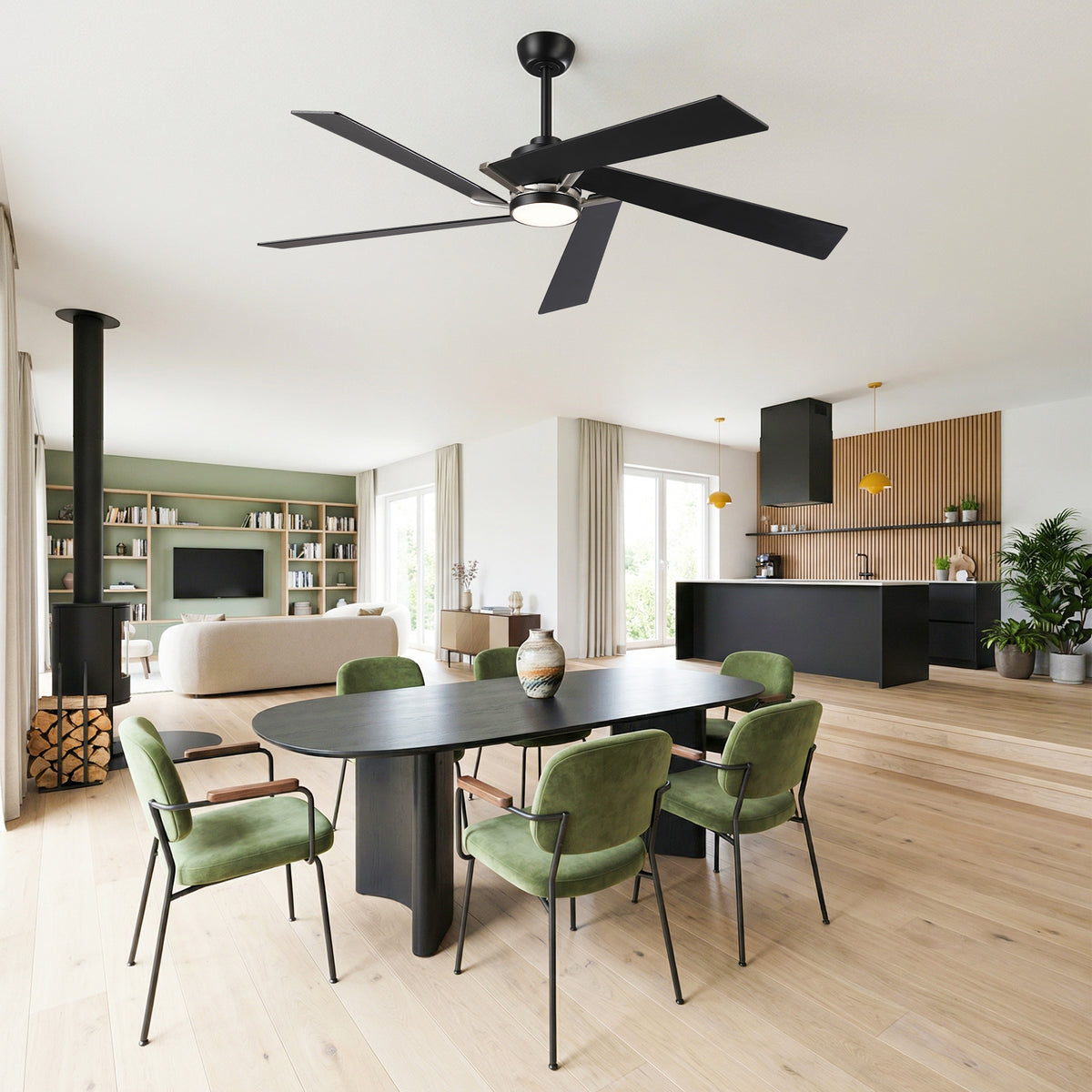 Modern black ceiling fan with integrated light in a contemporary living room