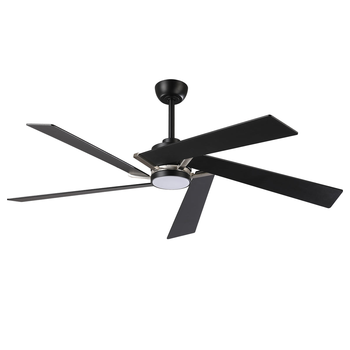Modern matte black ceiling fan with five blades and an integrated LED light